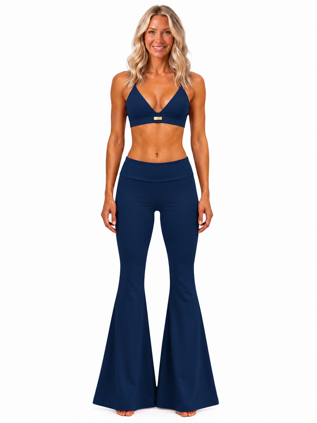 Phural She Did It Anyway Navy navy blue compression flare pants — front view.