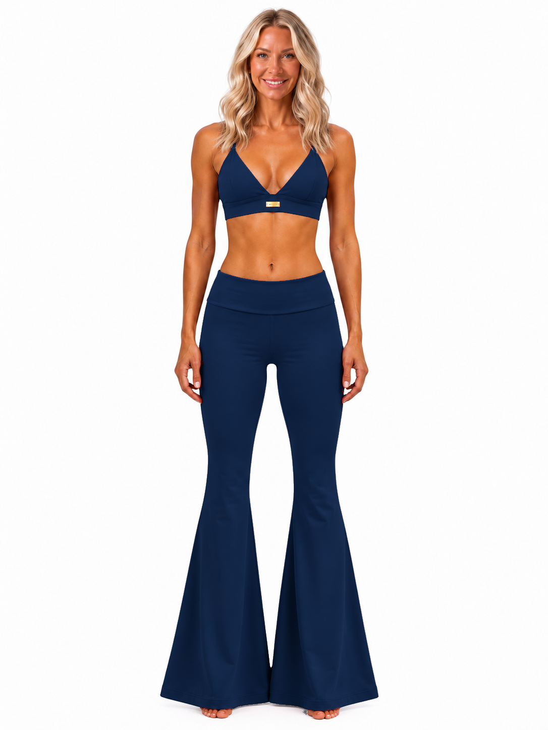 Phural She Did It Anyway Navy navy blue compression flare pants — front view.