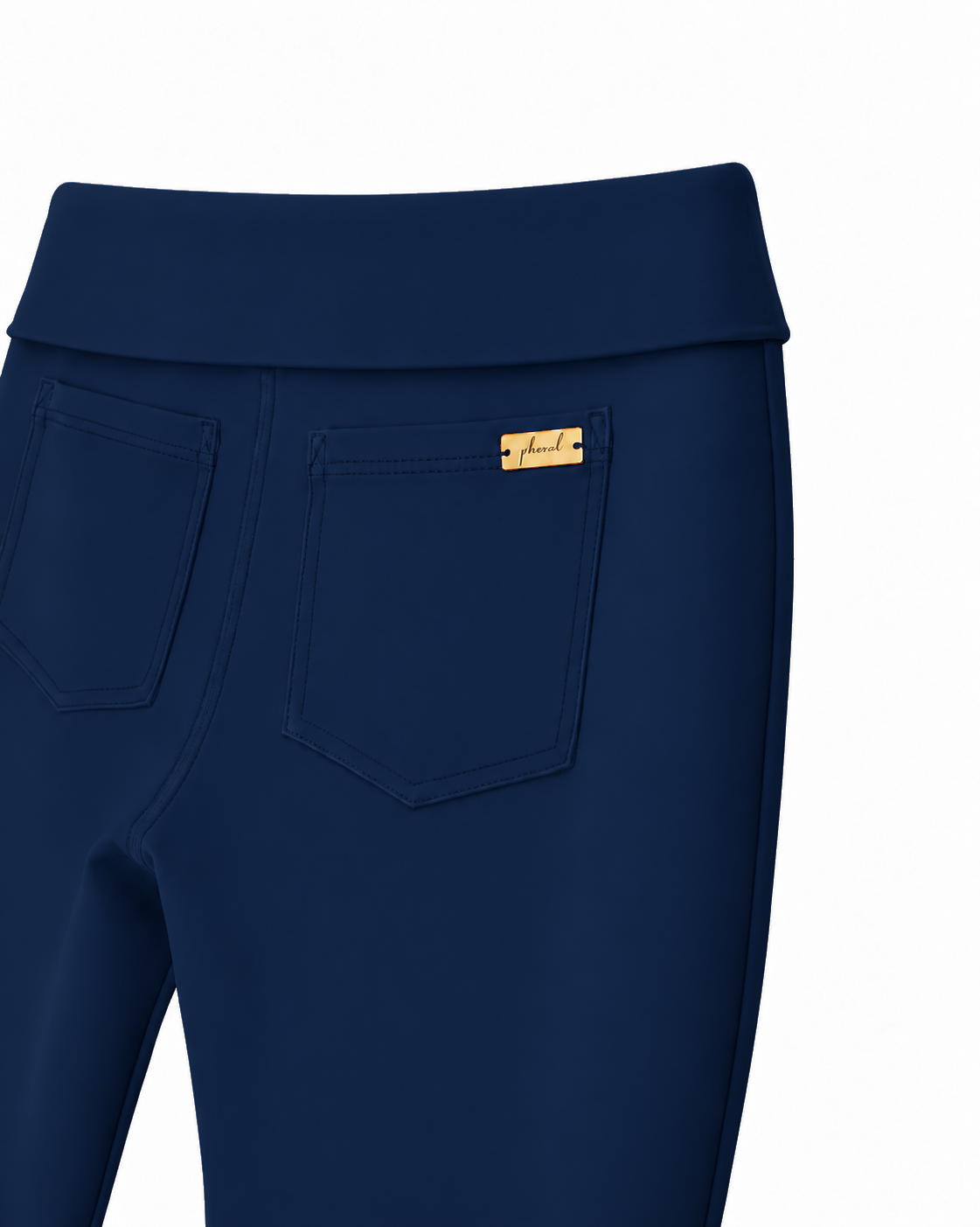 Phural She Did It Anyway Navy navy blue compression flare pants — waistband and pocket detail.