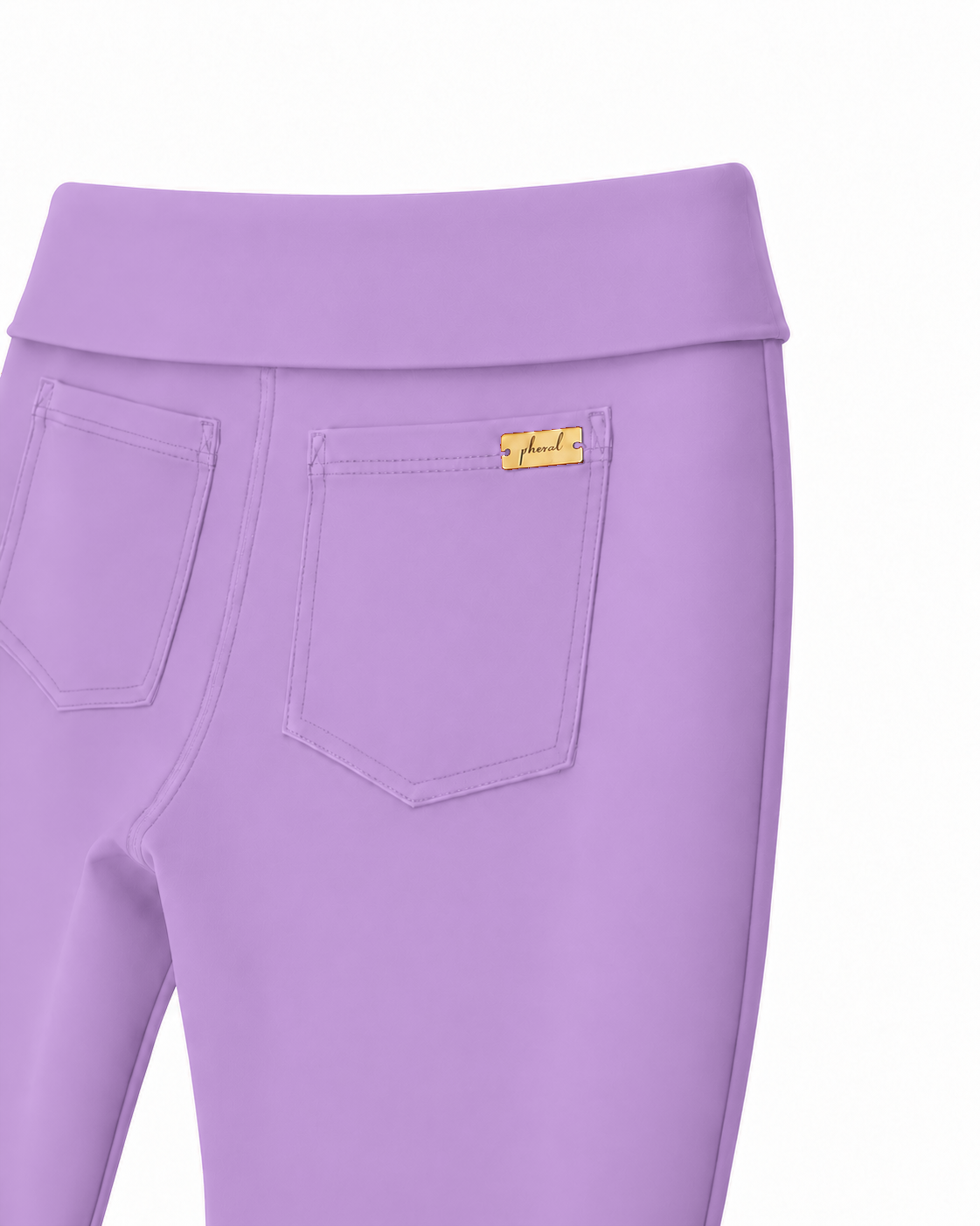 Phural She Did It Anyway Purple Reign purple compression flare pants — waistband and pocket detail.