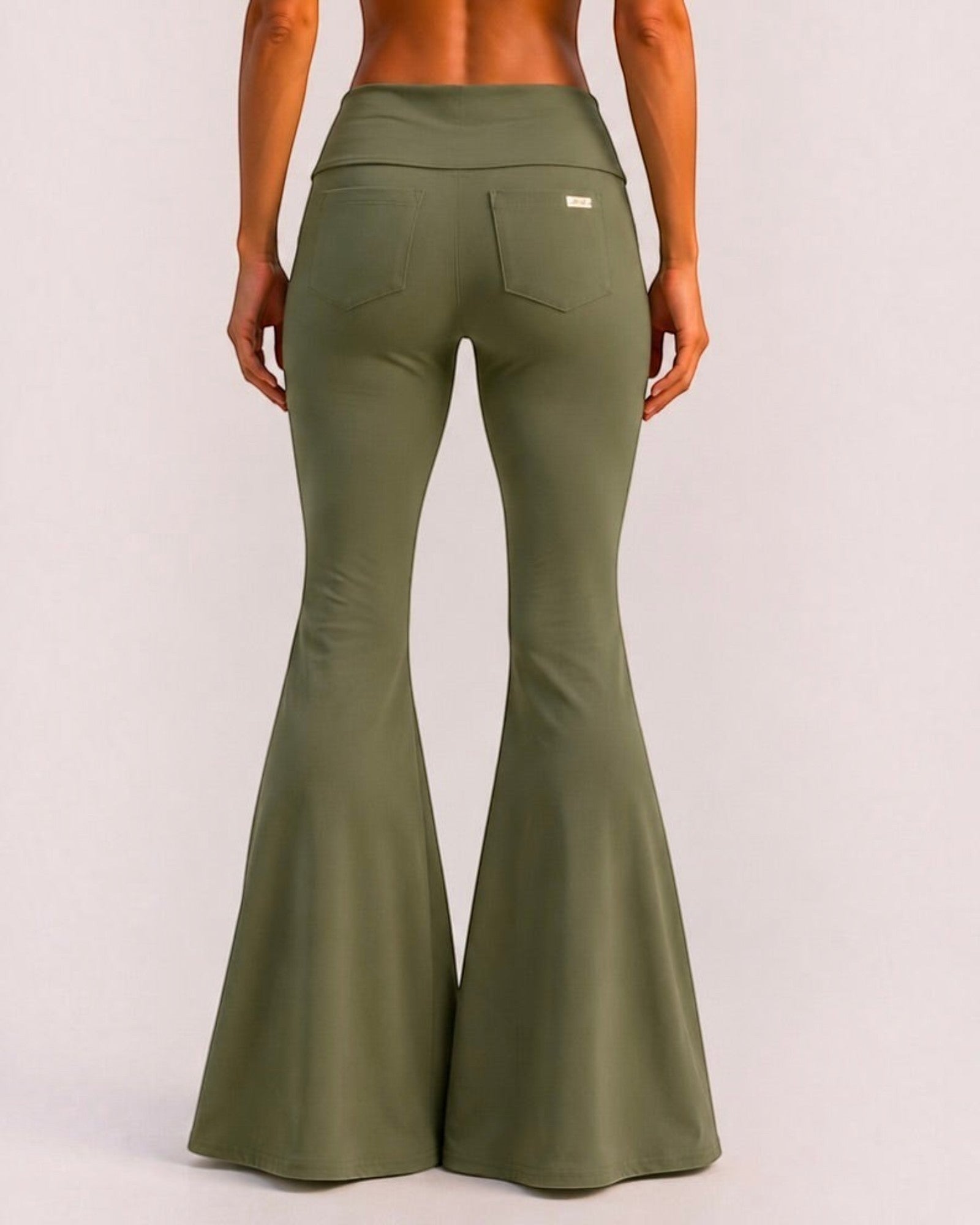 Phural Watch Me Super Flares in Stay Grounded Sage, a high-compression wide-leg flare pant with back pockets.