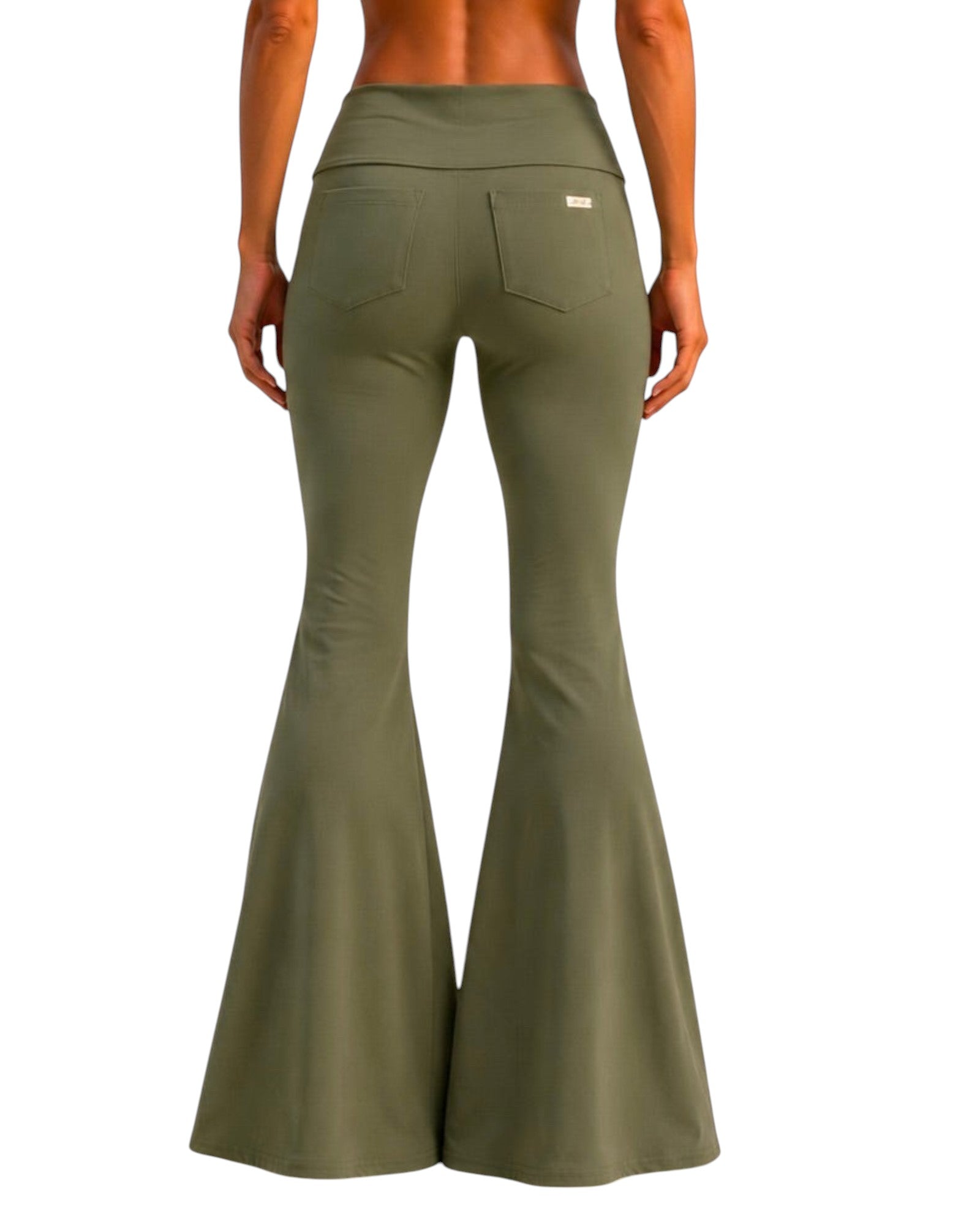 Phural Watch Me Super Flares in Stay Grounded Sage, a high-compression wide-leg flare pant with back pockets.