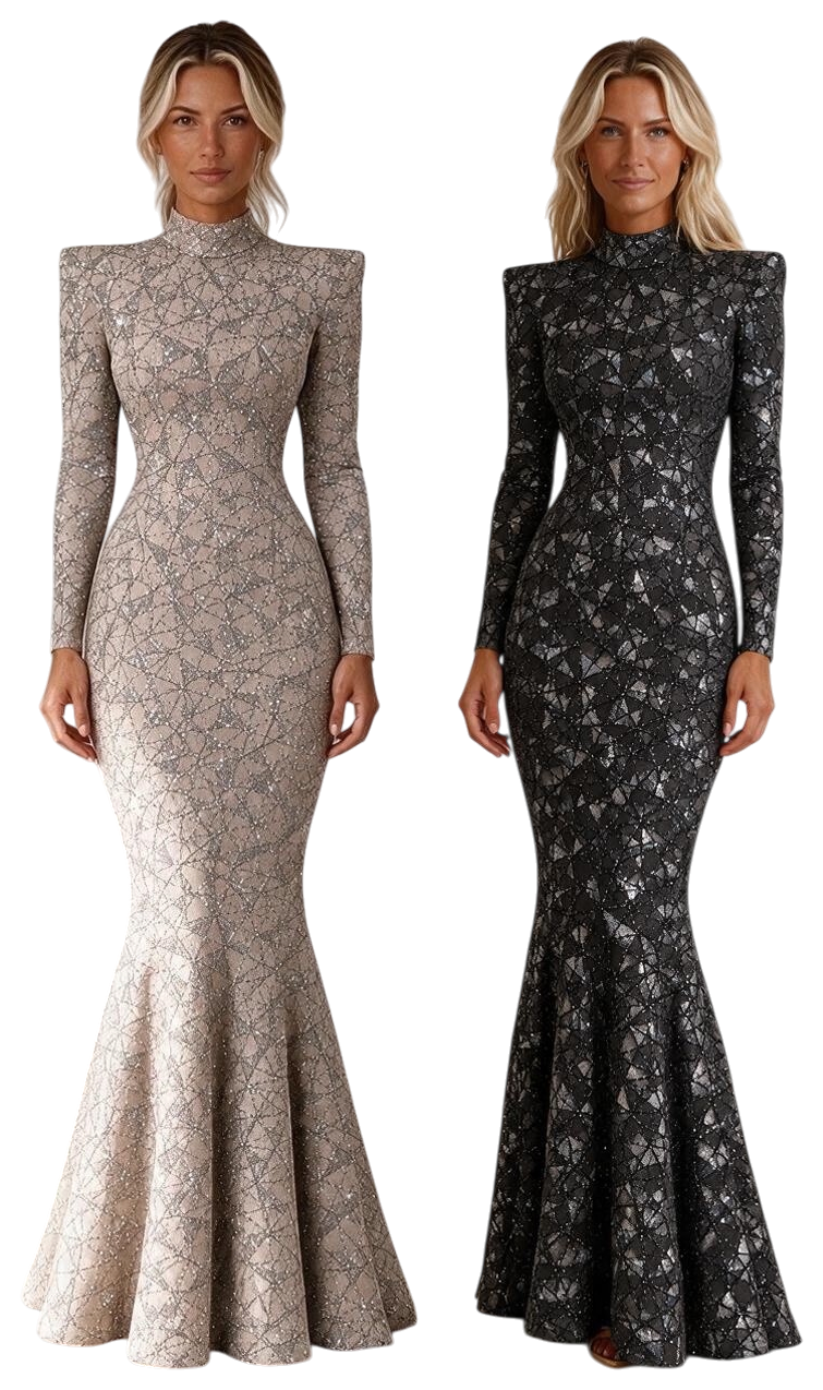 PHURAL champagne and black gown models