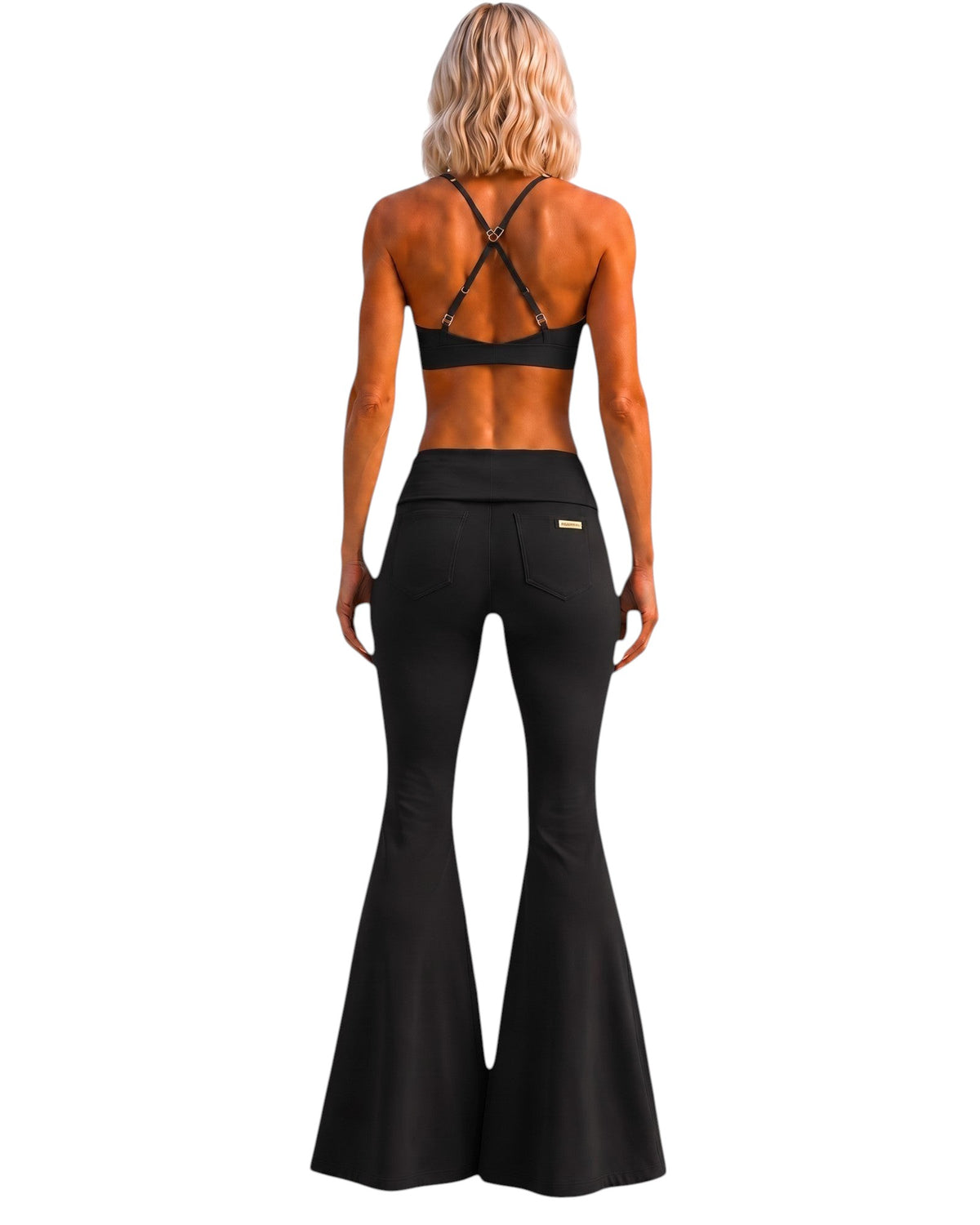 Phural Watch Me Super Flares in Black Card, high-compression nylon-spandex wide-leg pants with back pockets, rear view.
