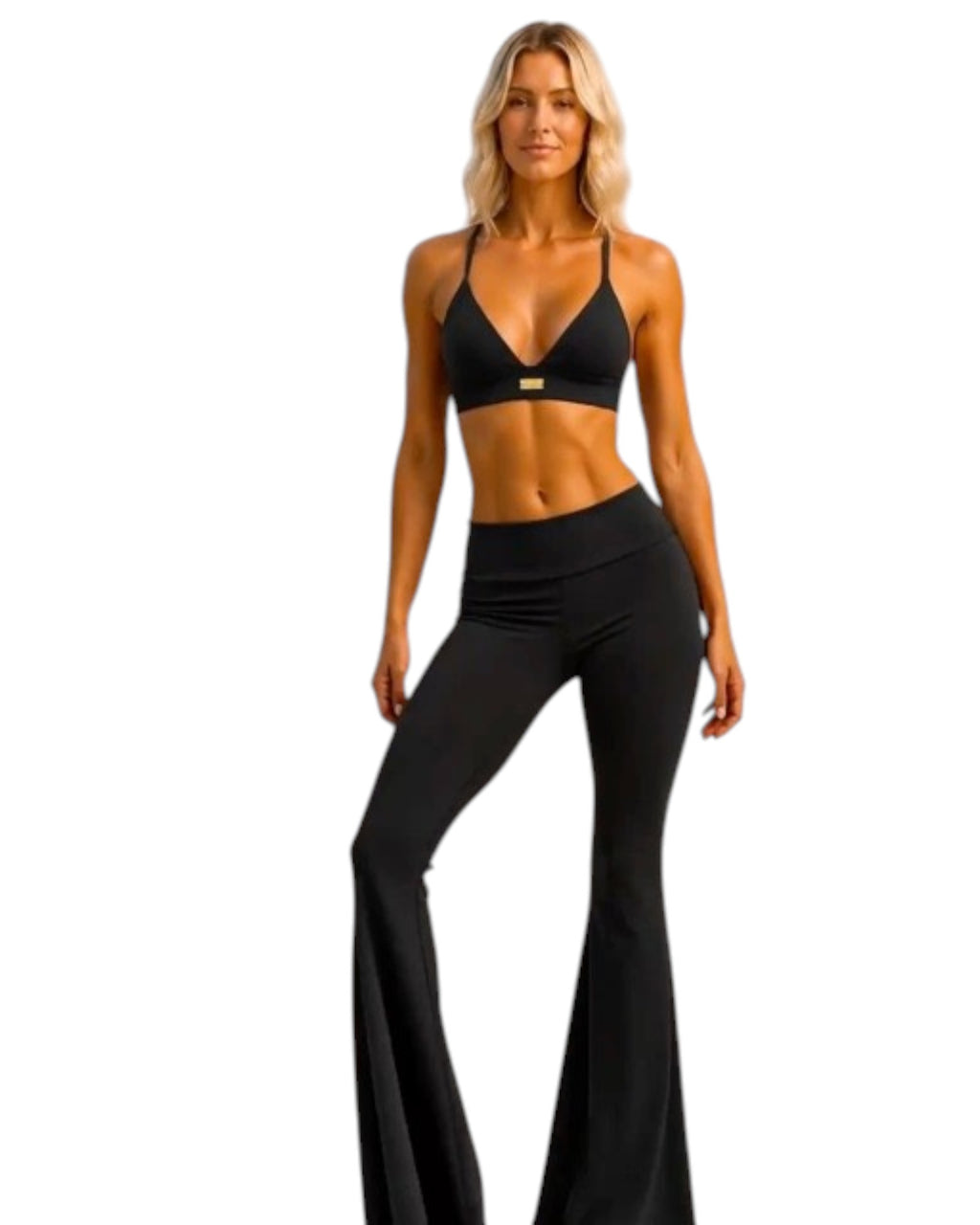 A model wearing Phural Watch Me Super Flares in Black Card, a high-compression nylon-spandex wide-leg flare pant.