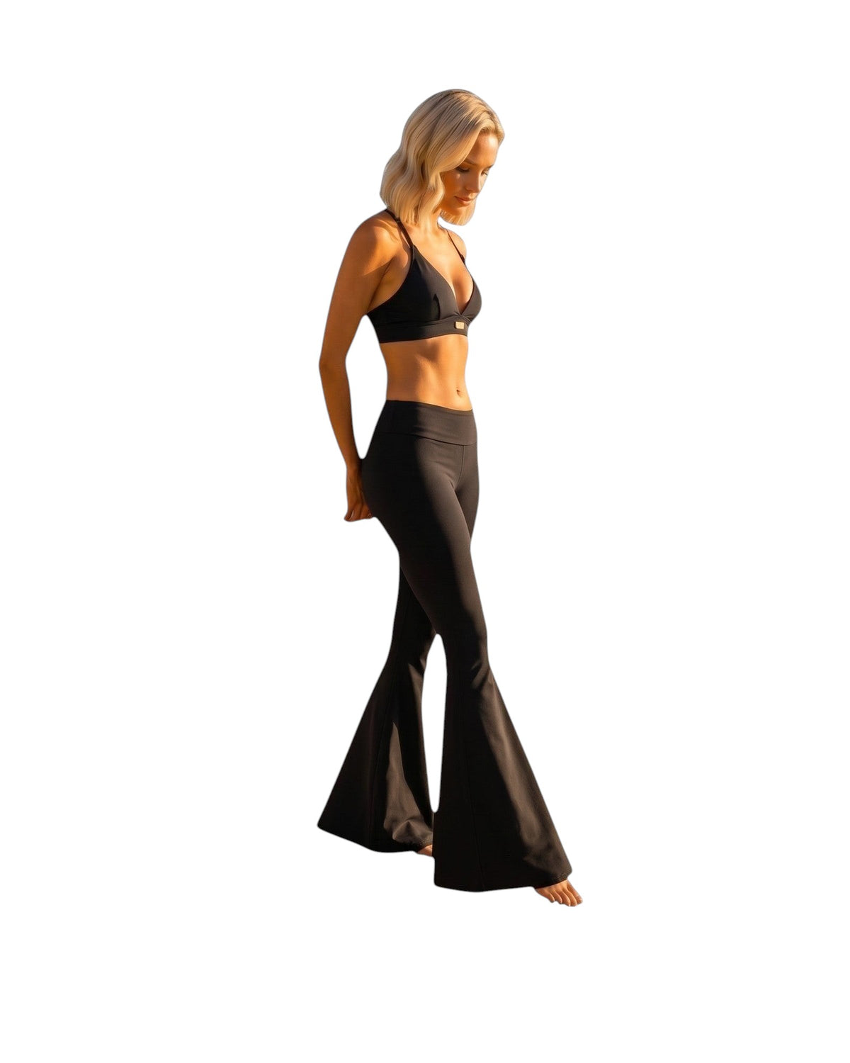 Phural Watch Me Super Flares in Black Card, a high-compression wide-leg flare pant worn by a blonde model.