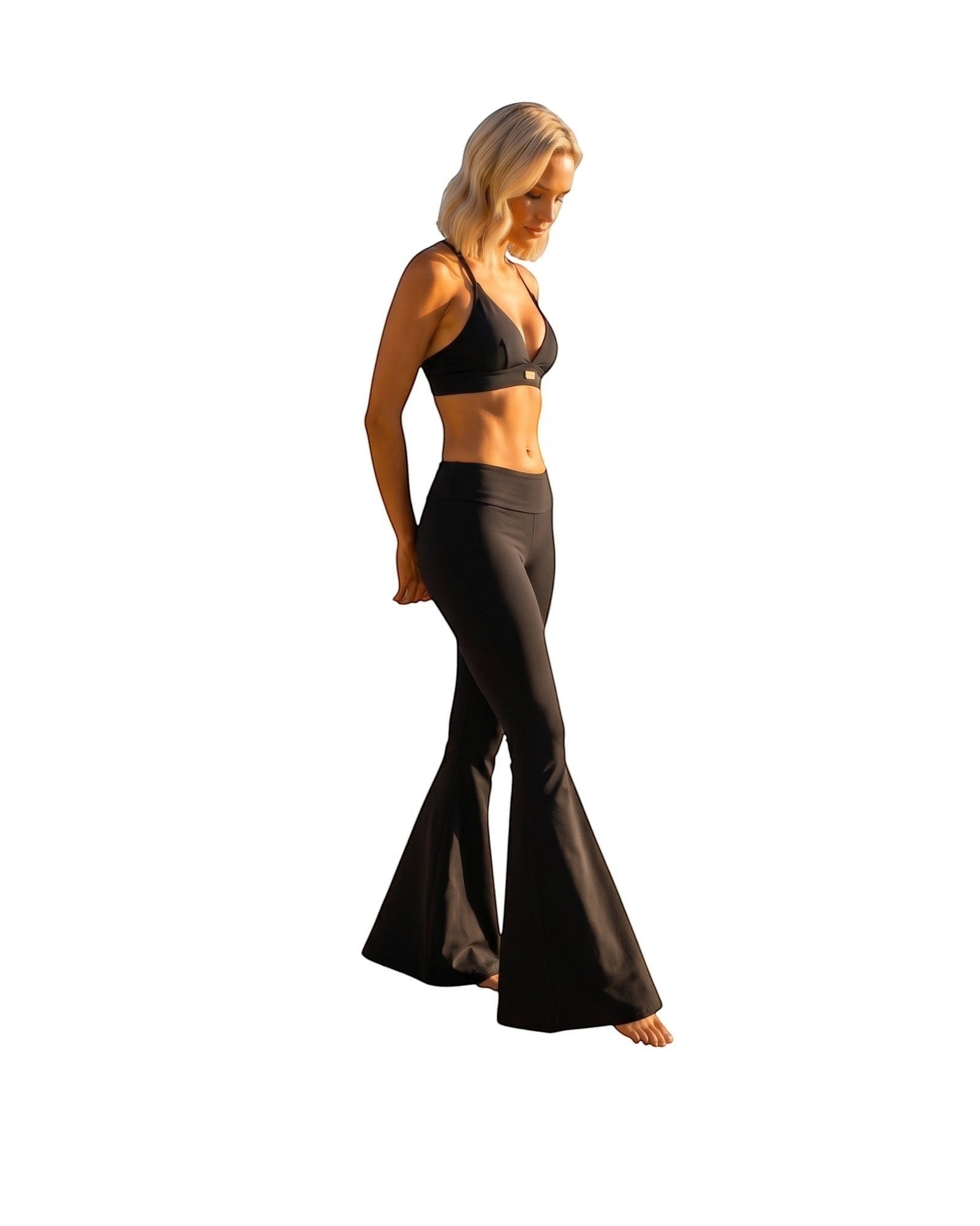 Phural Watch Me Super Flares in Black Card, a high-compression wide-leg flare pant worn by a blonde model.