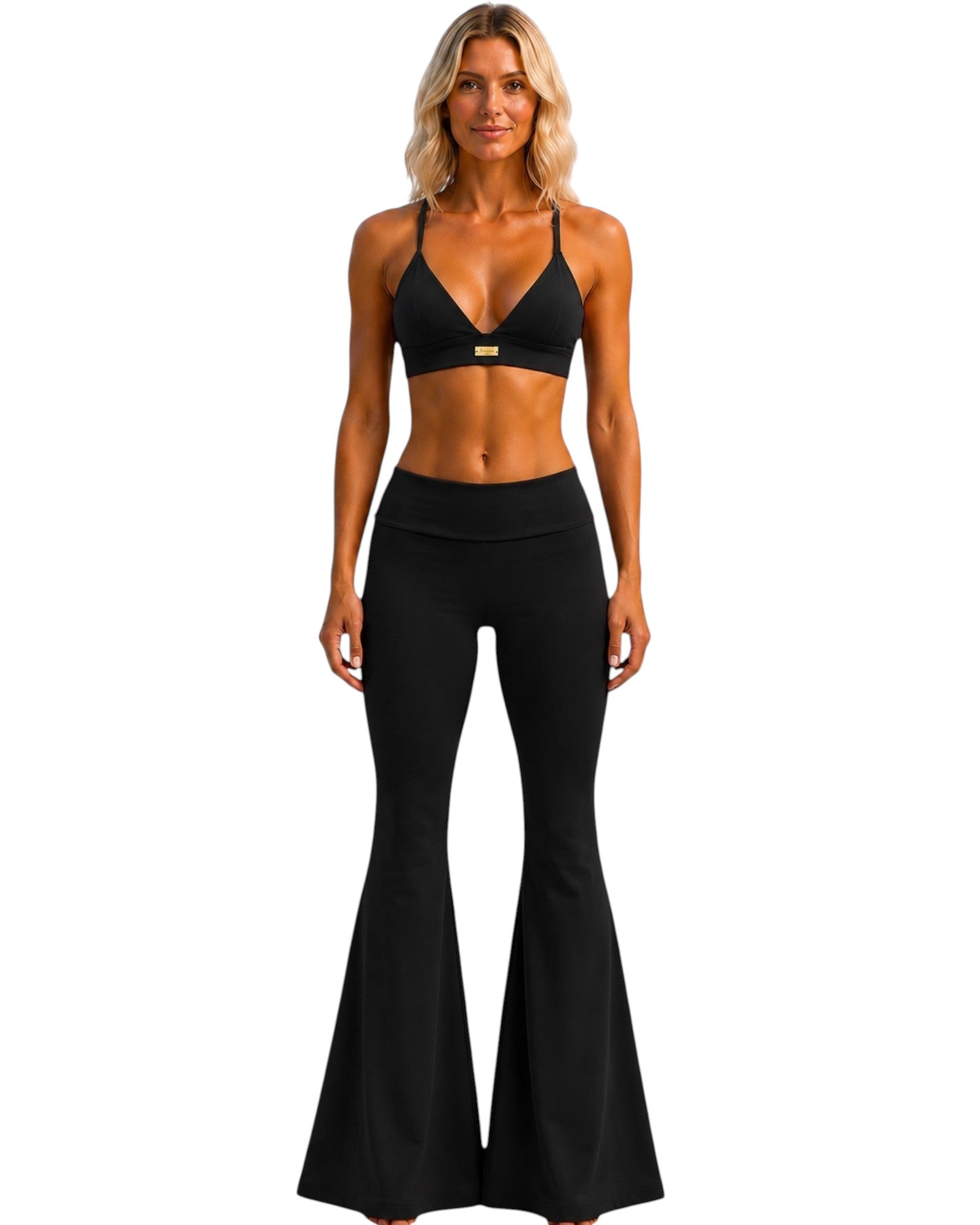 Model wearing Phural Watch Me Super Flares in Black Card, a high-compression nylon-spandex wide-leg flare pant.