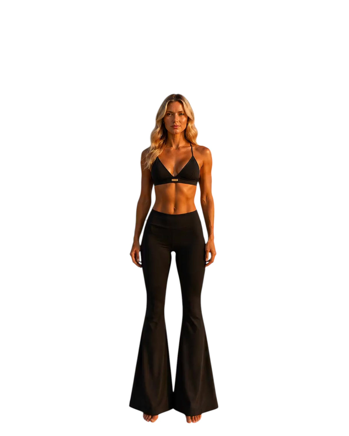 Phural Watch Me Super Flares in Black Card nylon-spandex with a high-compression wide-leg silhouette on a model