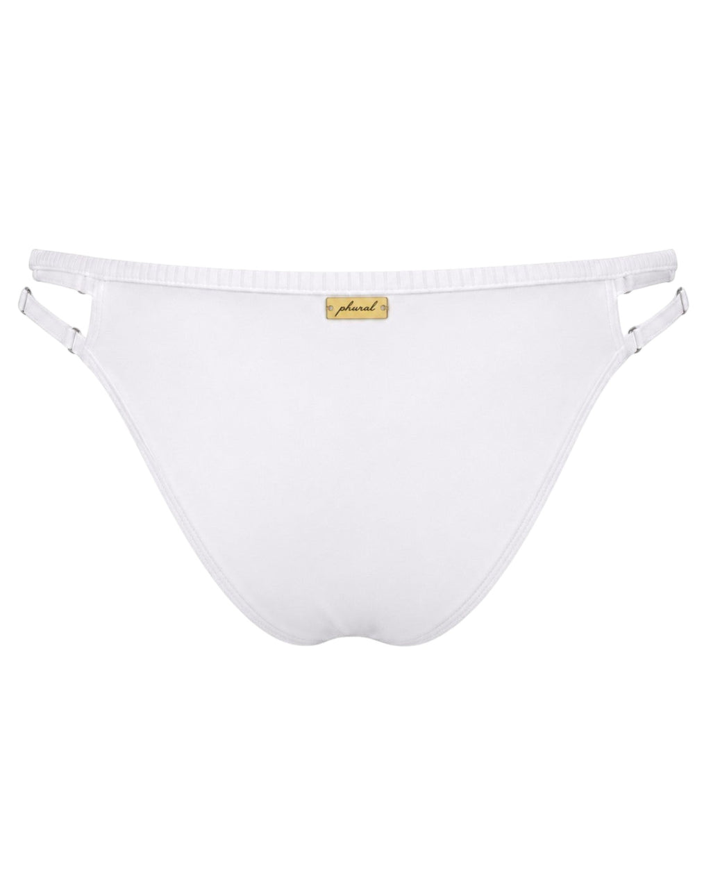 Phural white bikini bottom with side strap details and gold logo plaque on the back