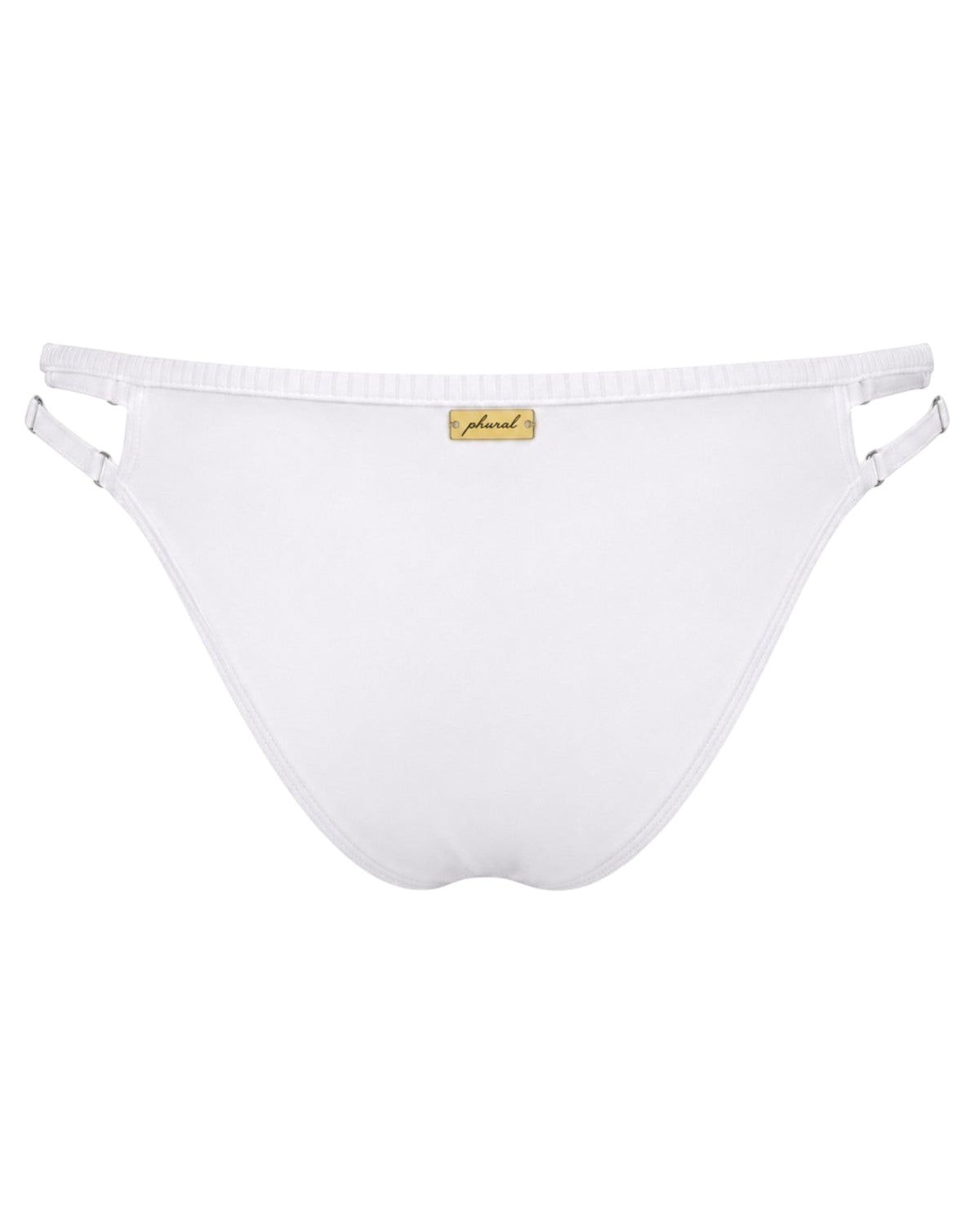Phural white bikini bottom with side strap details and gold logo plaque on the back
