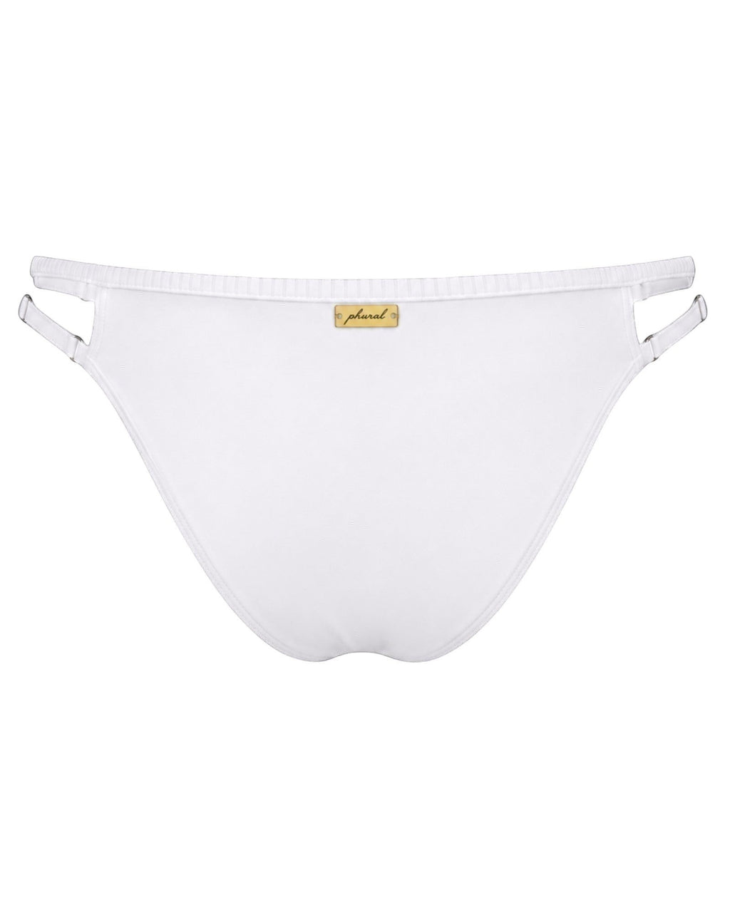 Phural white bikini bottoms with adjustable side straps and a gold logo plaque on the back.