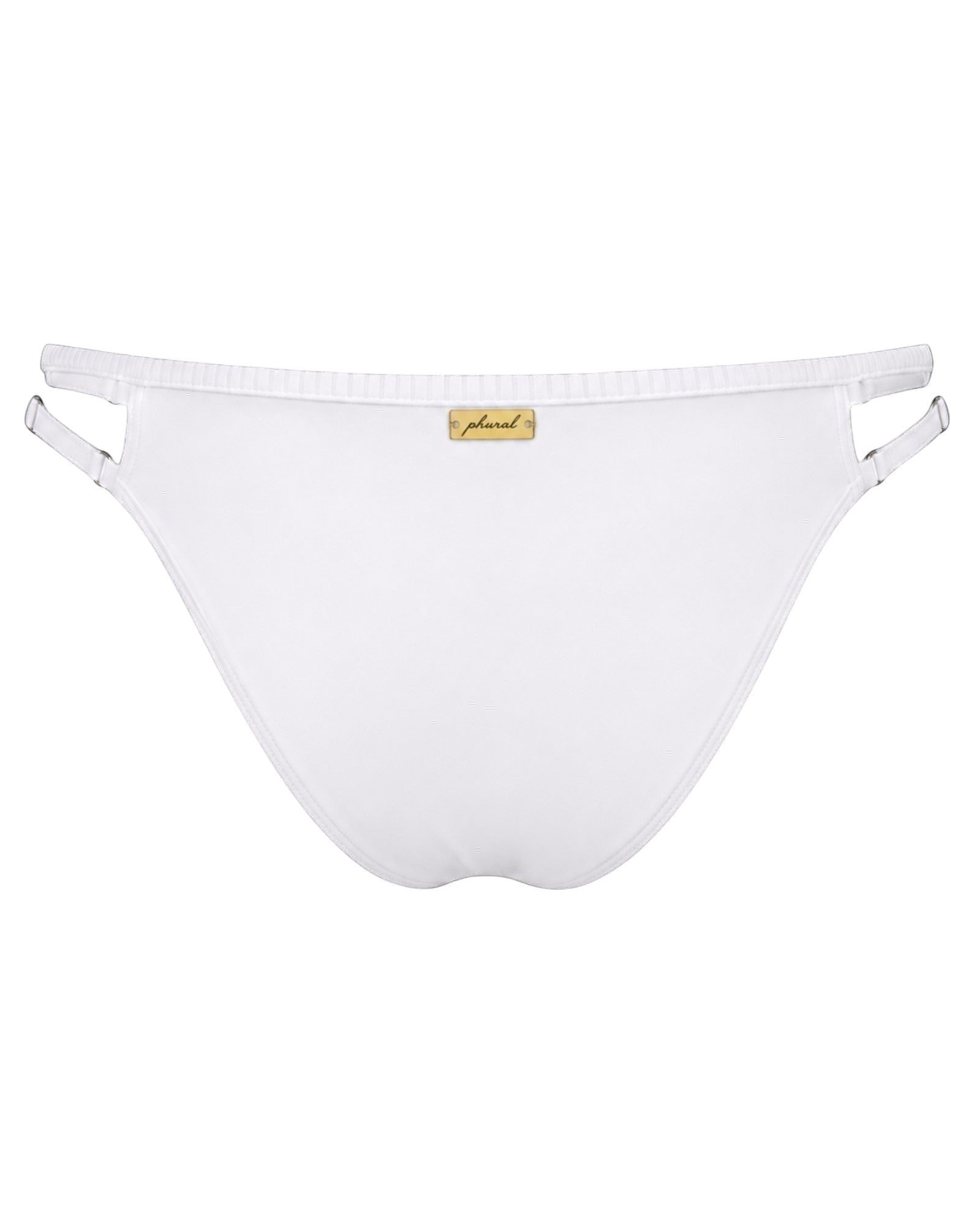 Phural white bikini bottoms with adjustable side straps and a gold logo plaque on the back.