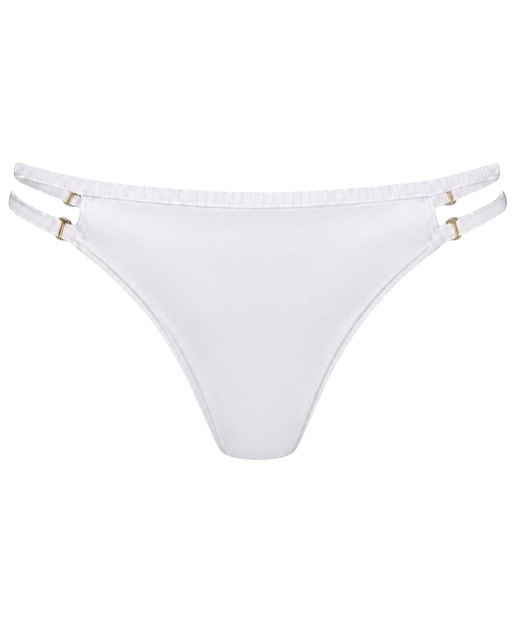 Phural white bikini bottoms with adjustable side straps and polished gold hardware in premium nylon-spandex fabric.