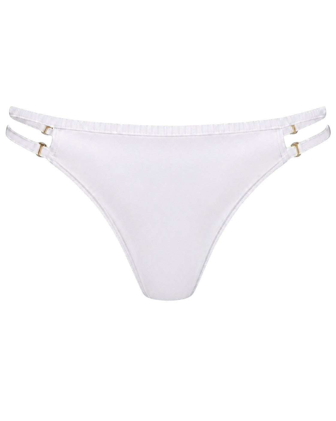 Phural white bikini bottoms with adjustable side straps and polished gold hardware in premium nylon-spandex fabric.