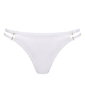 Phural white bikini bottoms with adjustable side straps and polished gold hardware in premium nylon-spandex fabric.