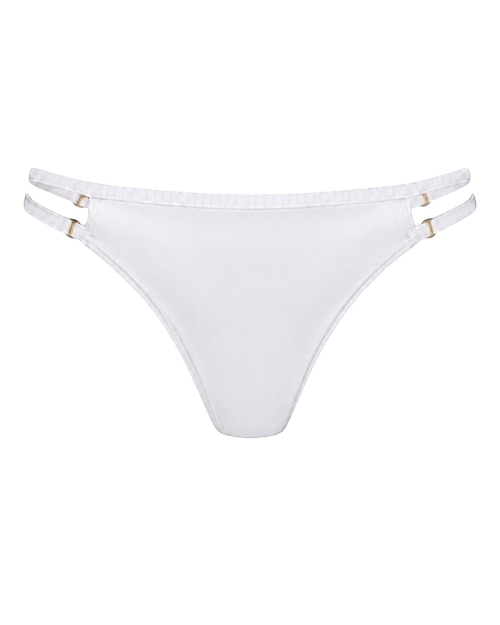 Phural white bikini bottoms with adjustable side straps and polished gold hardware in premium nylon-spandex fabric.