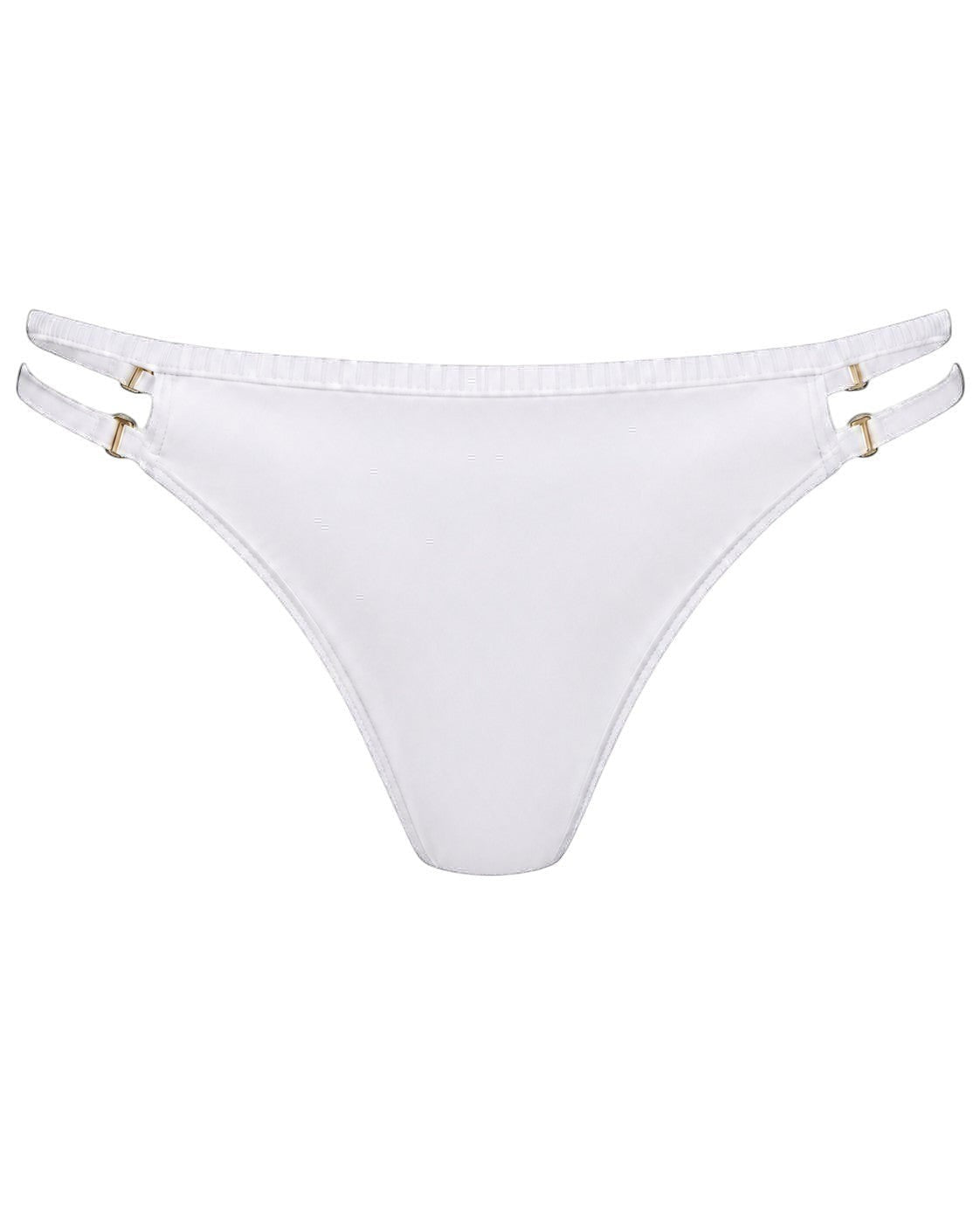 Phural white bikini bottoms with adjustable side straps and polished gold hardware in a sleek, luxury design.
