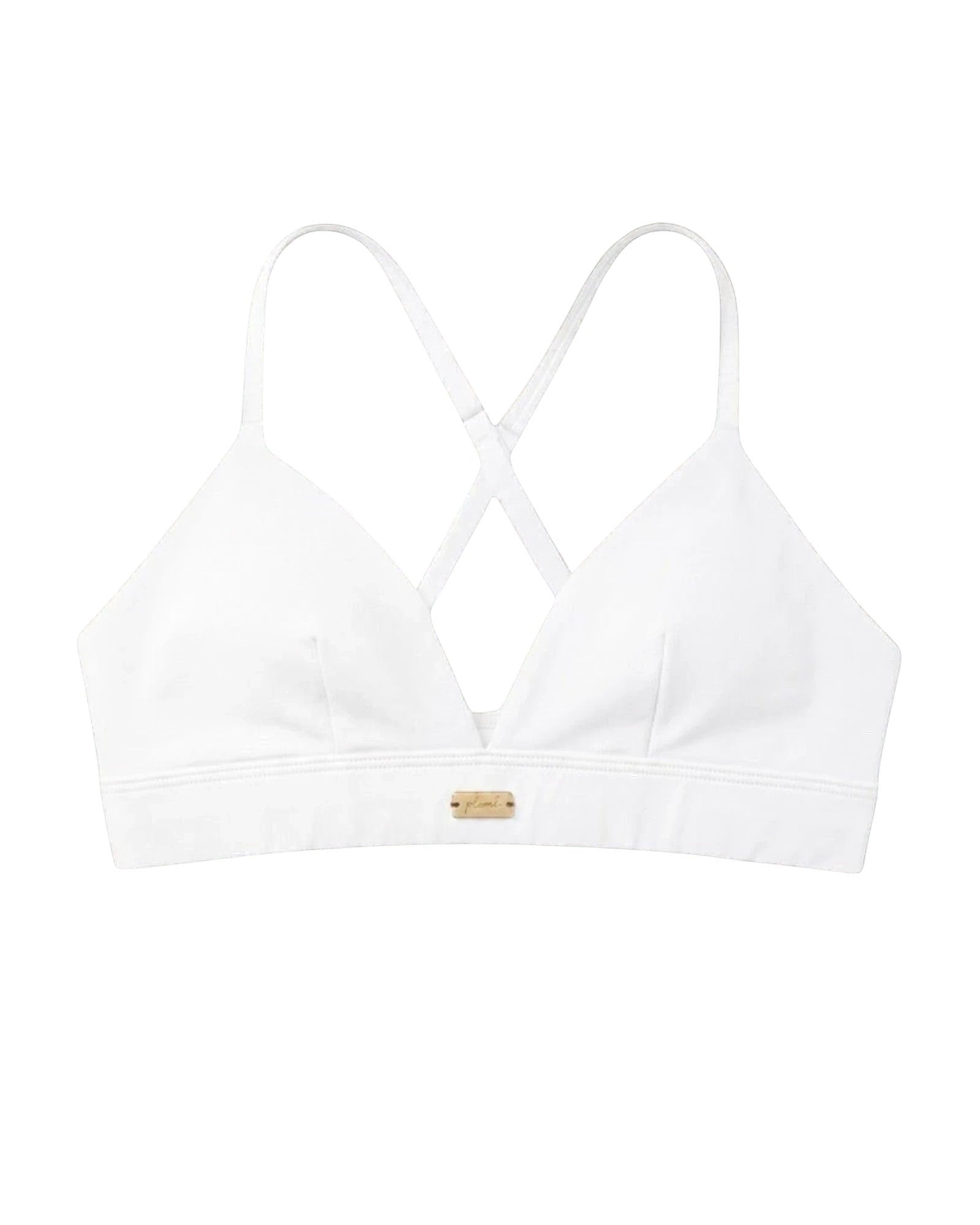 Phural white convertible bikini top with crisscross back straps and a small gold logo tag on the front band.