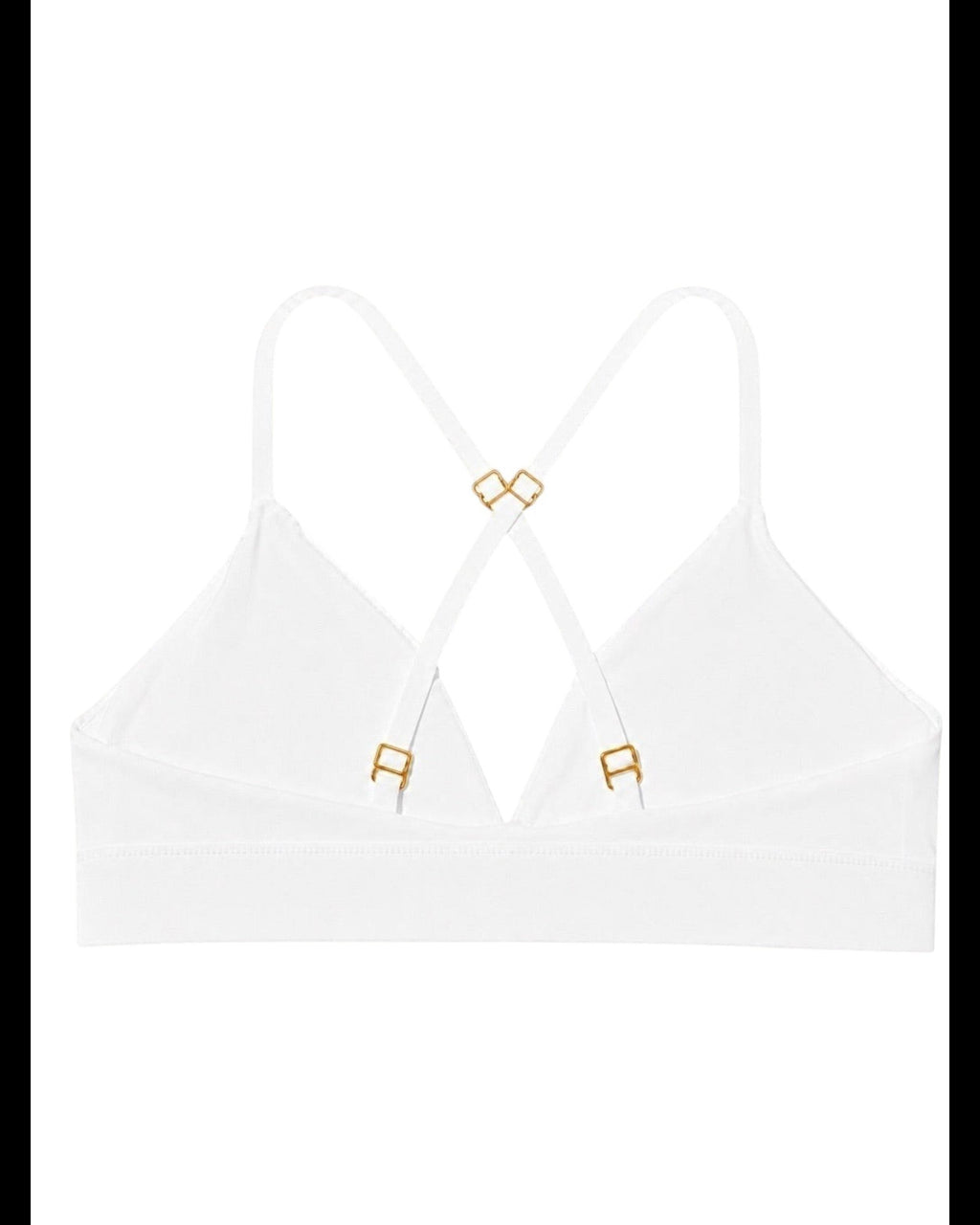 Phural white convertible bra-kini top with gold hardware, shown from the back with crossed straps.