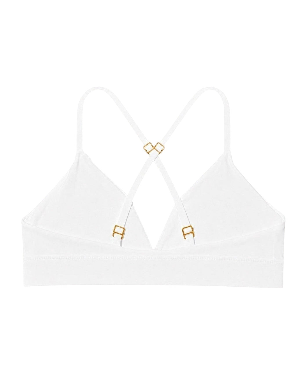 Phural white convertible bra-kini top with gold hardware, shown from the back with crossed straps.