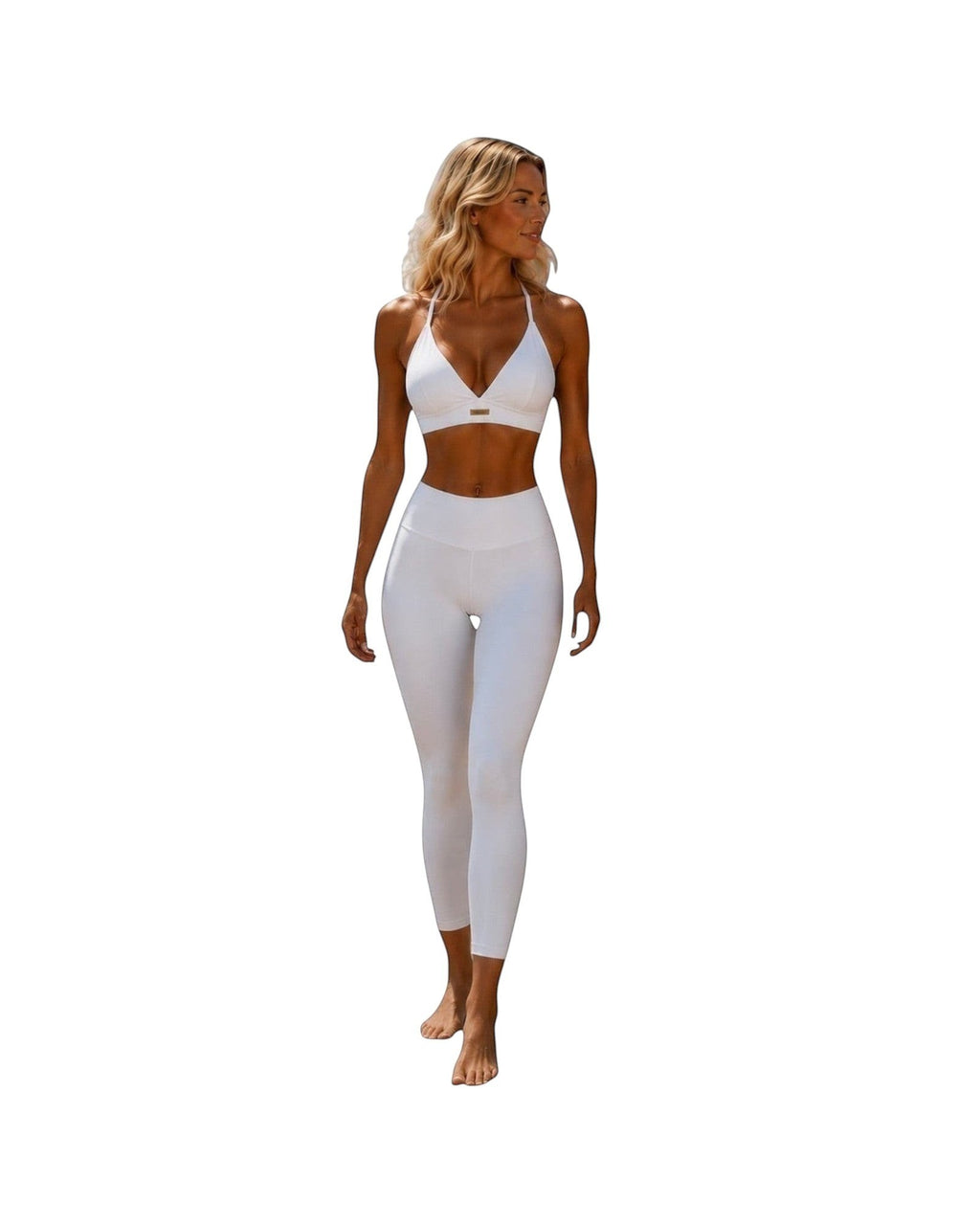 Phural white convertible bra-kini top and matching leggings worn by a woman for activewear or swimwear
