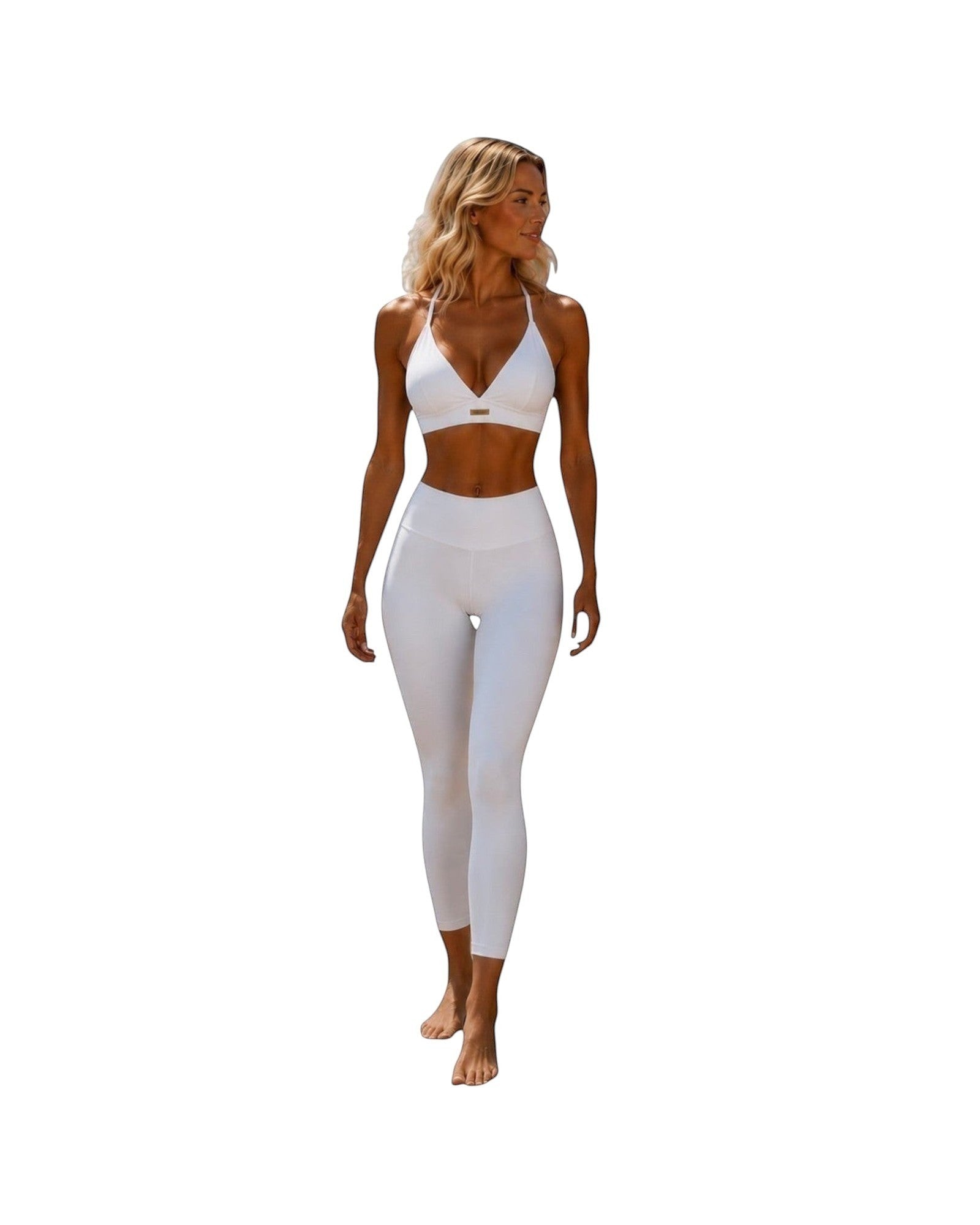 Phural white convertible bra-kini top and matching leggings worn by a woman for activewear or swimwear