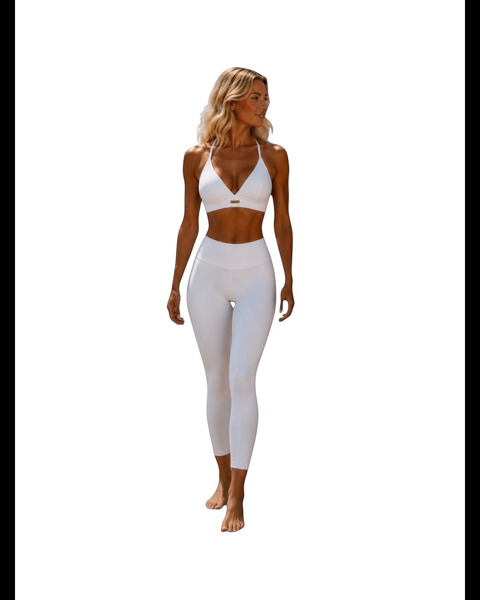 Phural white convertible bra-kini top and matching leggings worn by a woman for activewear or swimwear