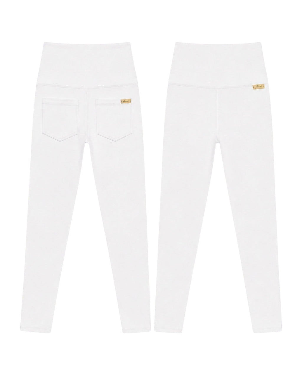 Phural white high-waisted performance leggings with back pockets and a small branded tag on a clean white background.