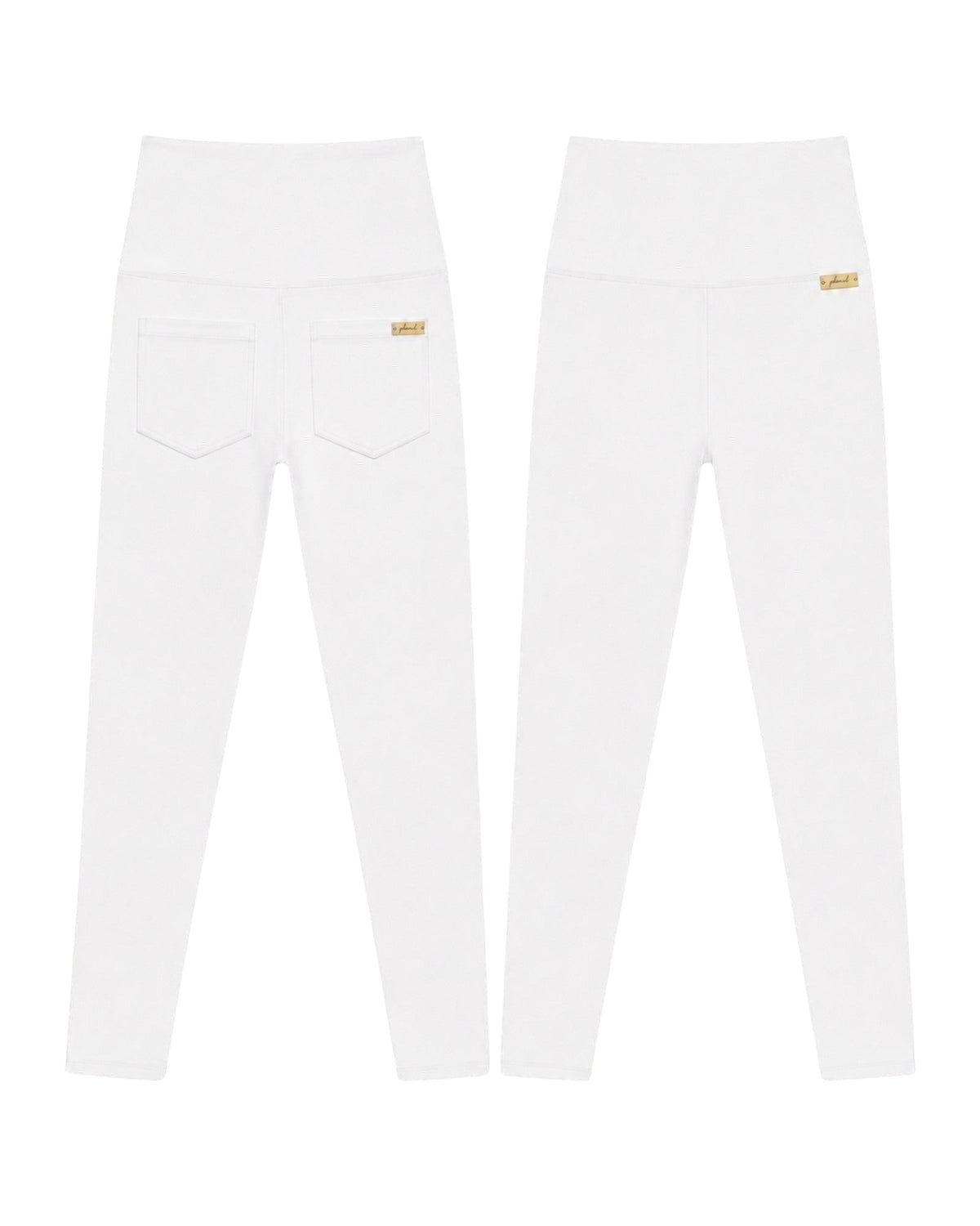 Phural white high-waisted performance leggings with back pockets and a small branded tag on a clean white background.