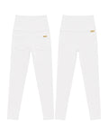 Phural Made For More white high-waisted leggings shown from front and back with optional rear pockets.