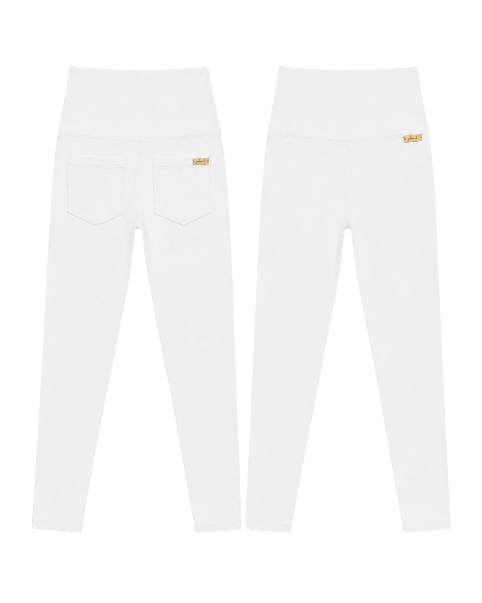 Phural Made For More white high-waisted leggings shown from front and back with optional rear pockets.