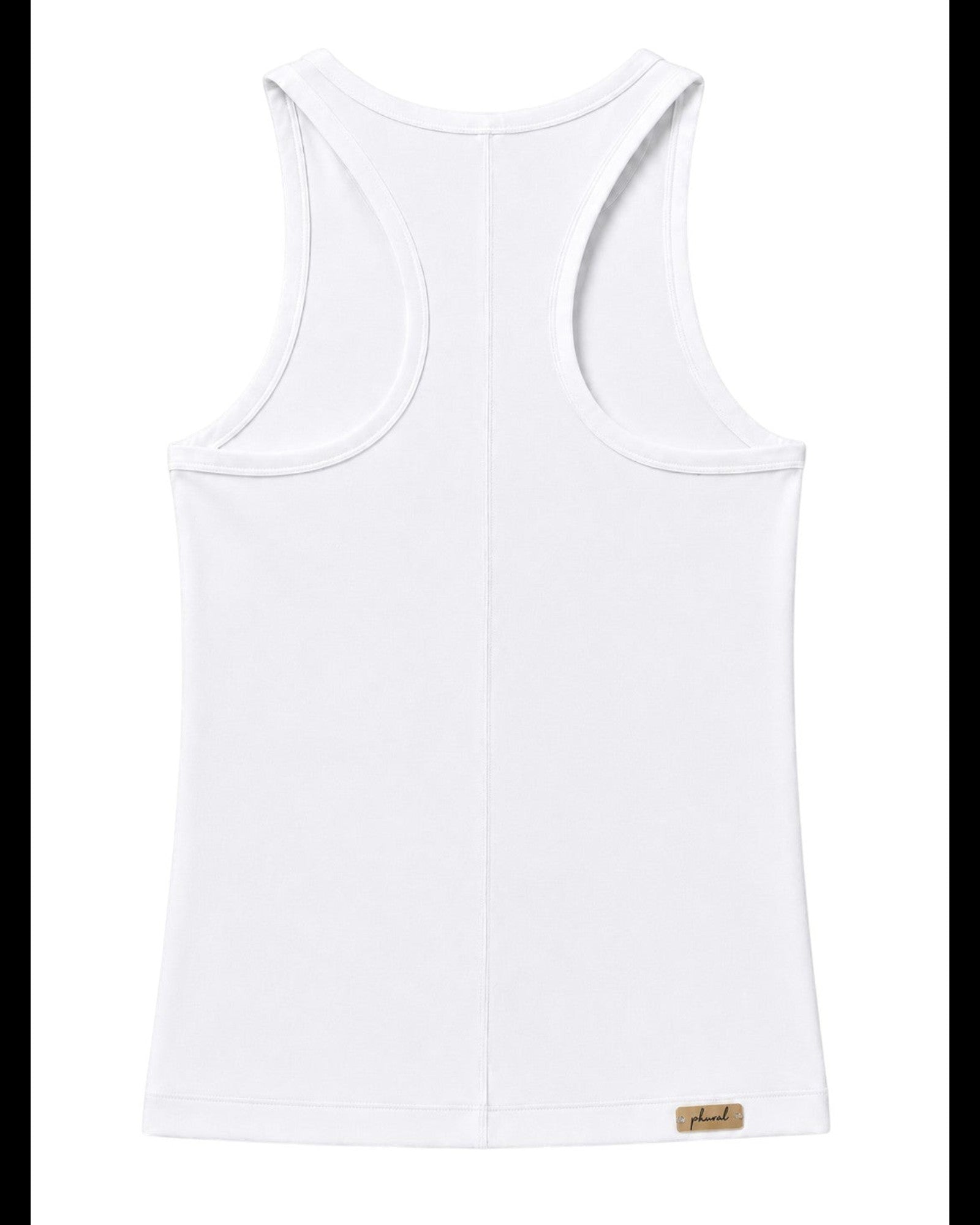 Phural white racerback tank top in high-compression performance fabric with a small branded hem tag