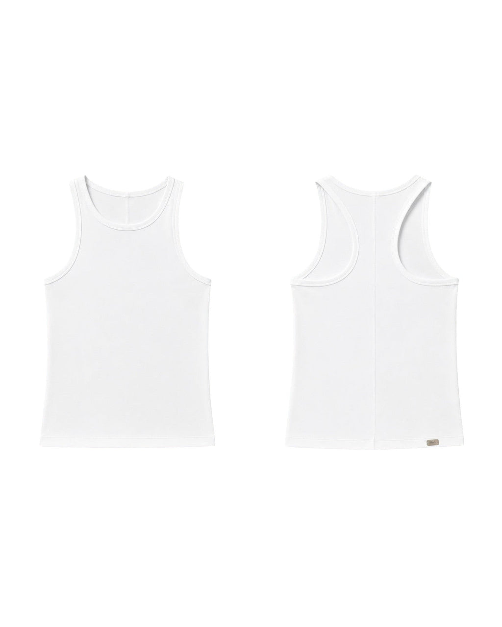 Phural white racerback tank top shown from front and back views, featuring soft-touch fabric and a minimalist design.