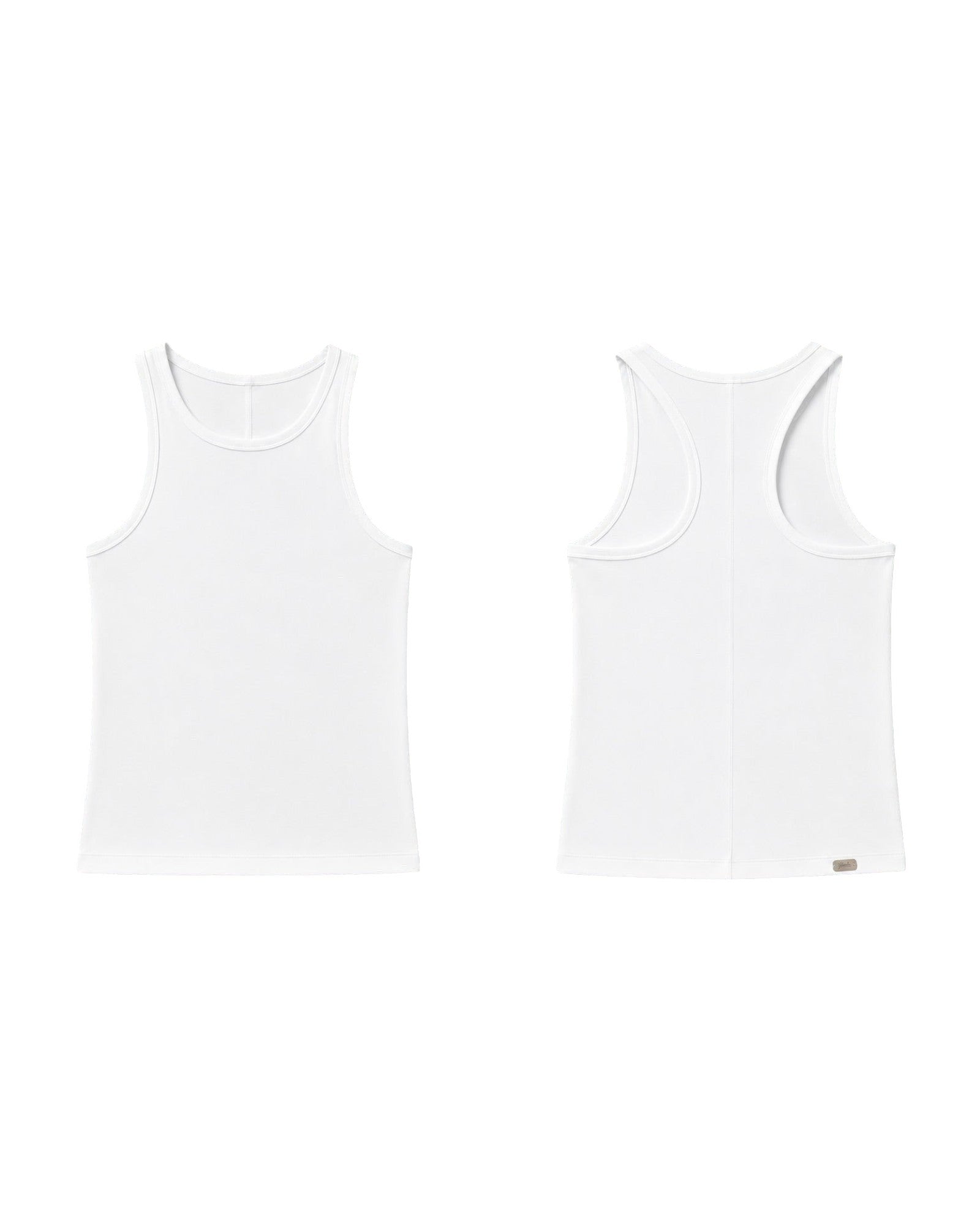 Phural white racerback tank top shown from front and back views, featuring soft-touch fabric and a minimalist design.