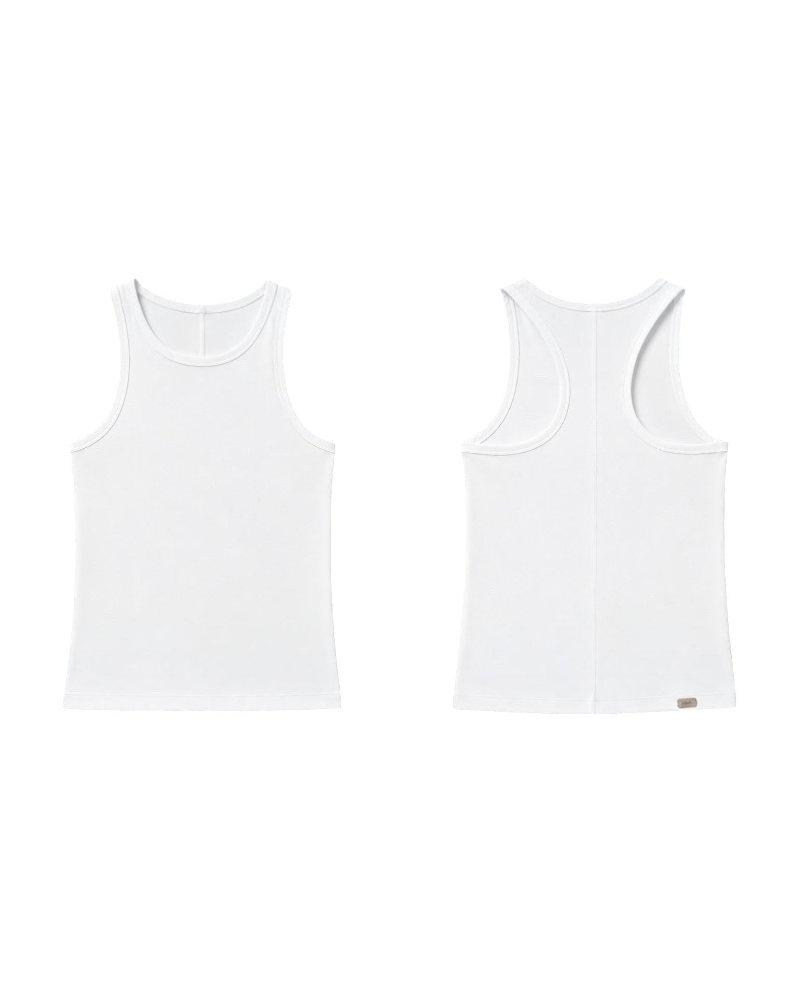 Phural white racerback tank top shown from front and back views, featuring soft-touch fabric and a minimalist design.