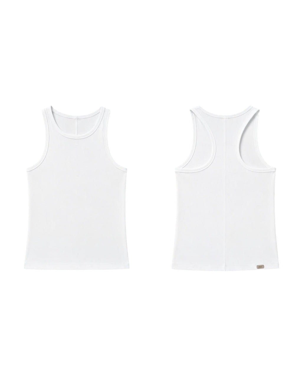 Phural white racerback tank top shown from front and back views, featuring soft-touch fabric and a minimalist design.