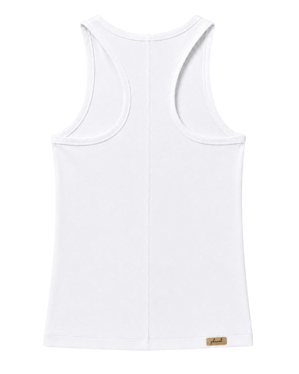 Phural white racerback tank top in high-compression performance fabric with a small branded hem tag