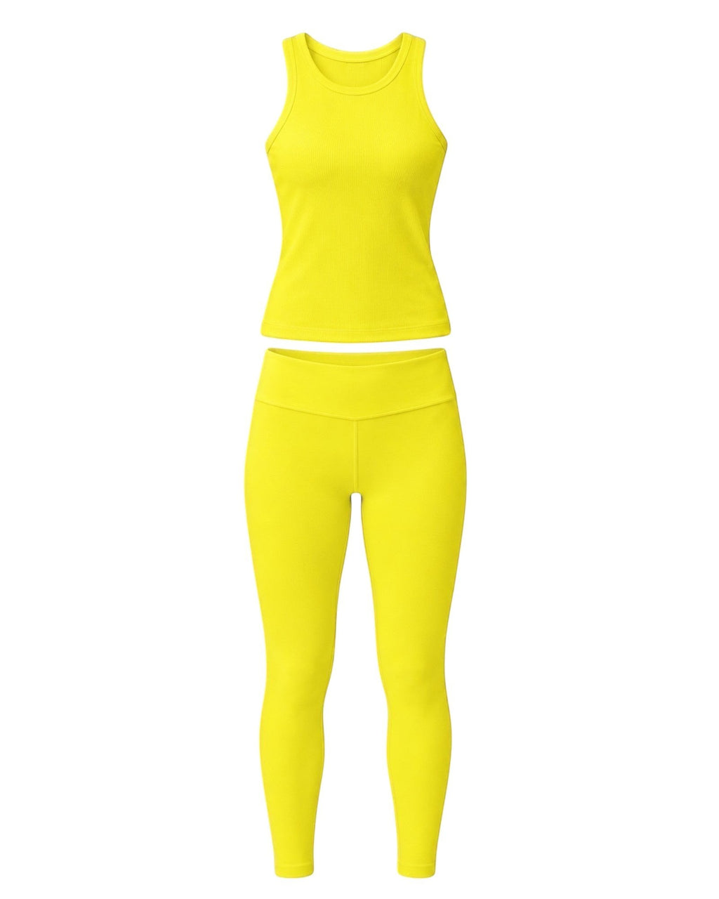 Phural Yacht Club Yellow ribbed tank top and high-compression leggings set in a vibrant performance fabric.