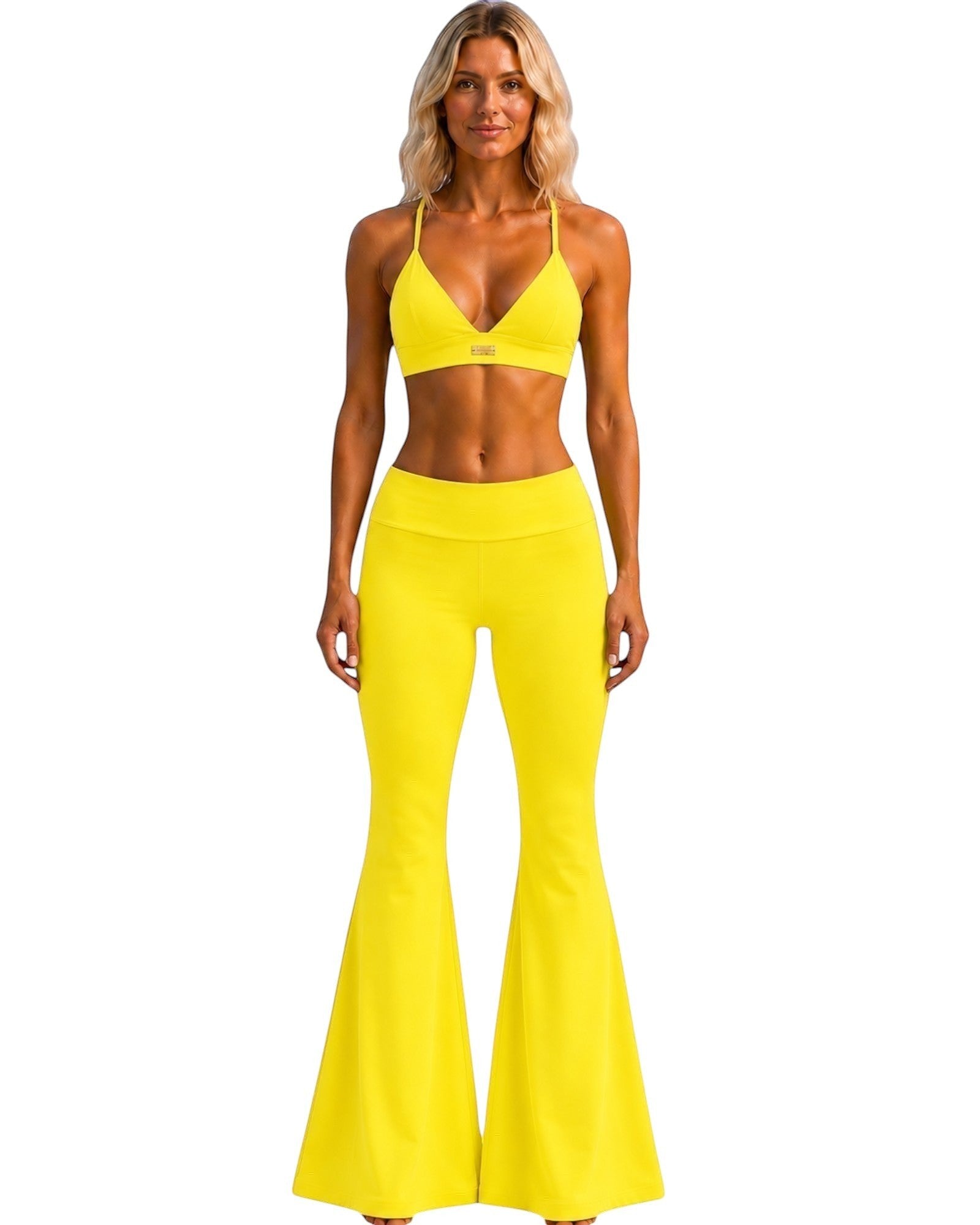 Phural She Did It Anyway Flares in Yacht Club Yellow, a high-compression nylon-spandex wide-leg flare pant.