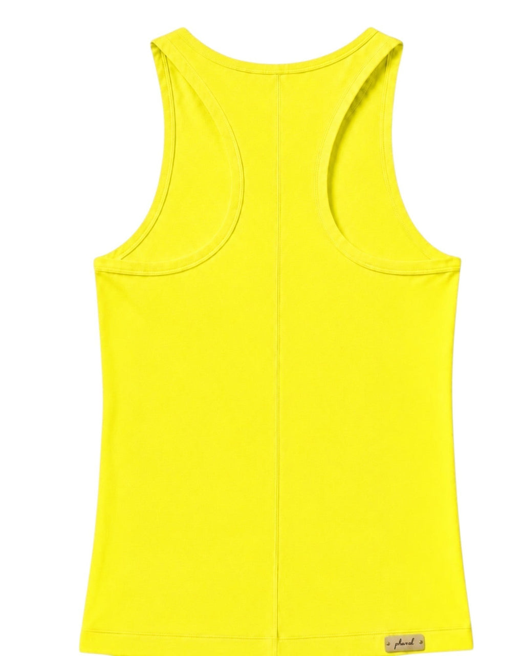 Phural racerback tank top in bright Yacht Club Yellow performance fabric with a small brand tag at the hem.