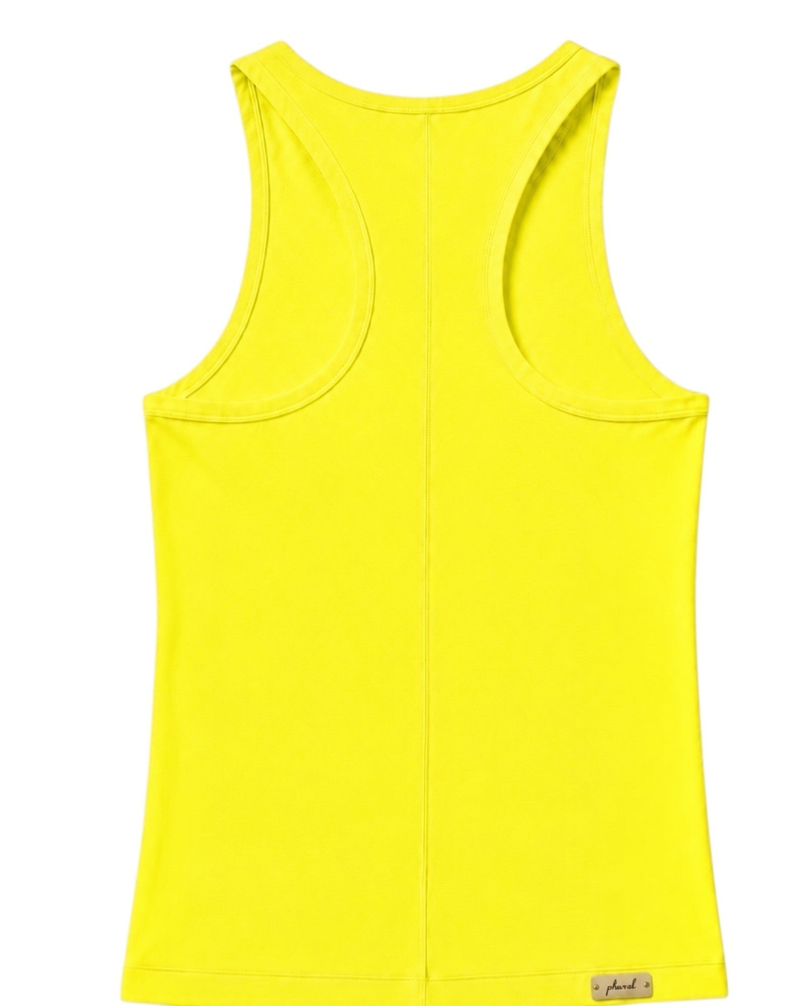 Phural racerback tank top in vibrant Yacht Club Yellow performance fabric with a small brand tag at the hem.