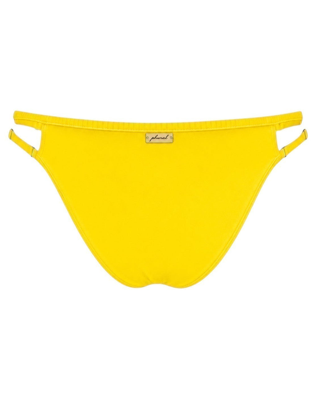 Phural Thanks For The Space yellow bikini bottoms with adjustable side straps and gold hardware detail.