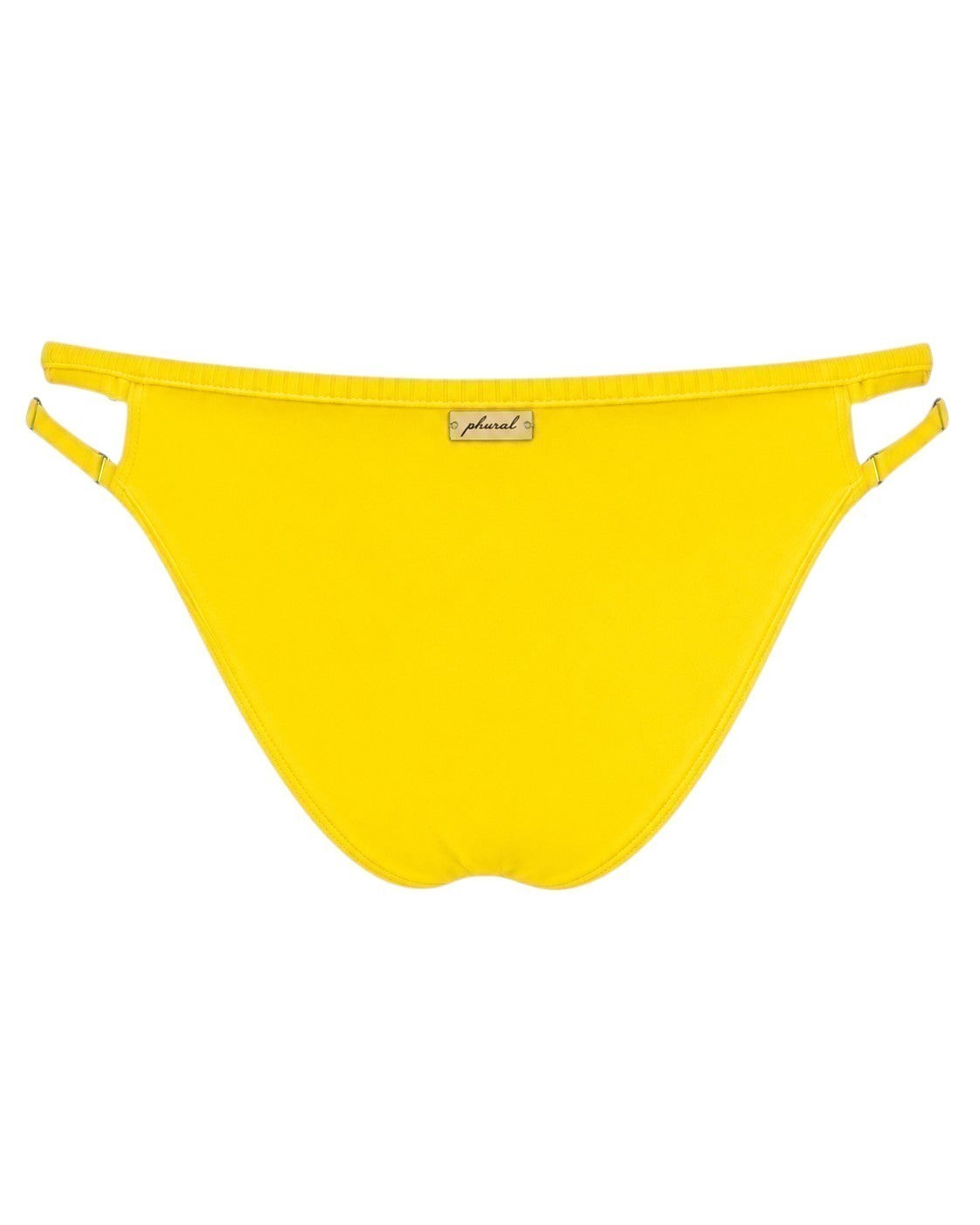 Phural Thanks For The Space yellow bikini bottoms with adjustable side straps and gold hardware detail.