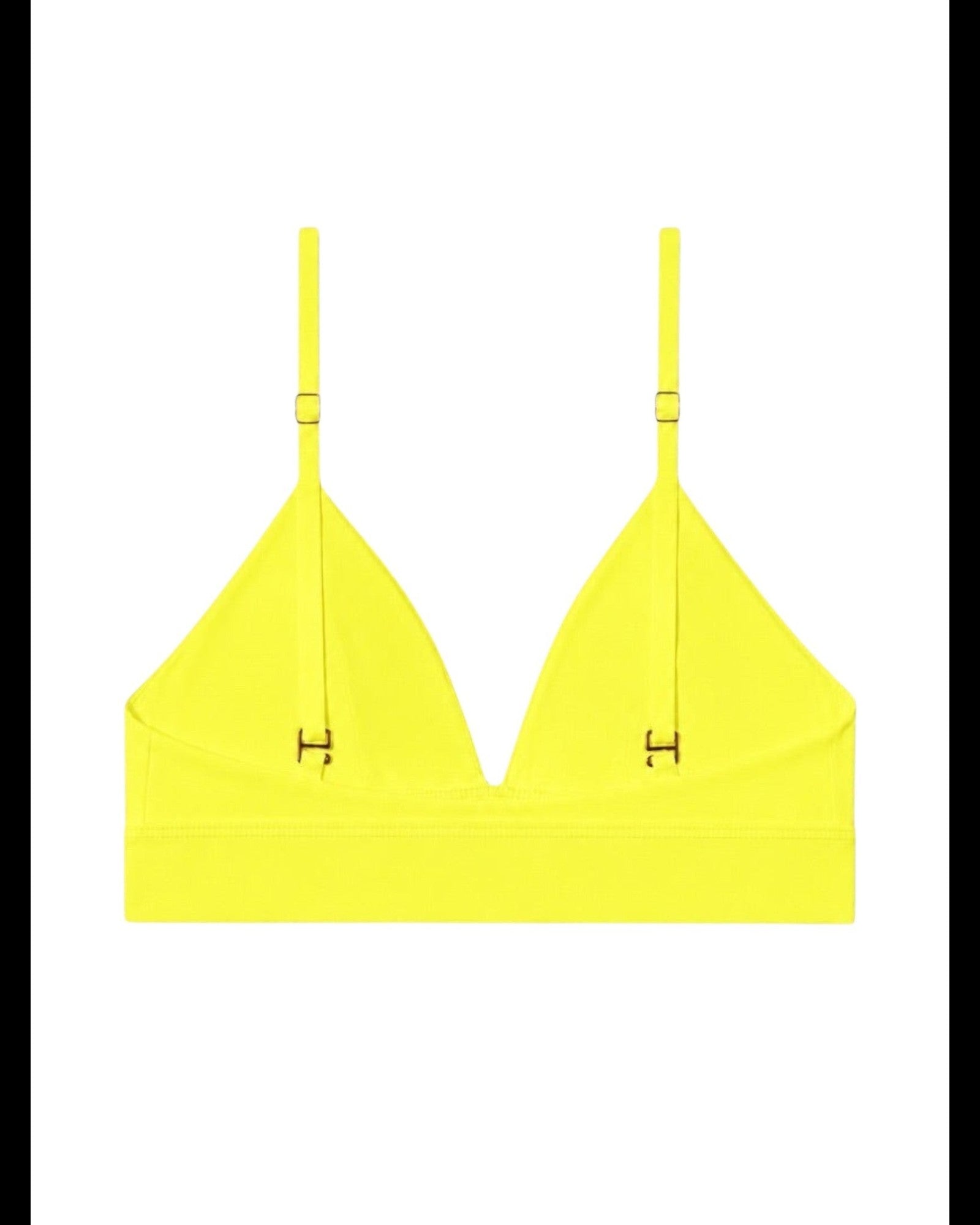 Phural bright yellow convertible bra-kini top with gold hardware, made from premium nylon-spandex performance fabric.