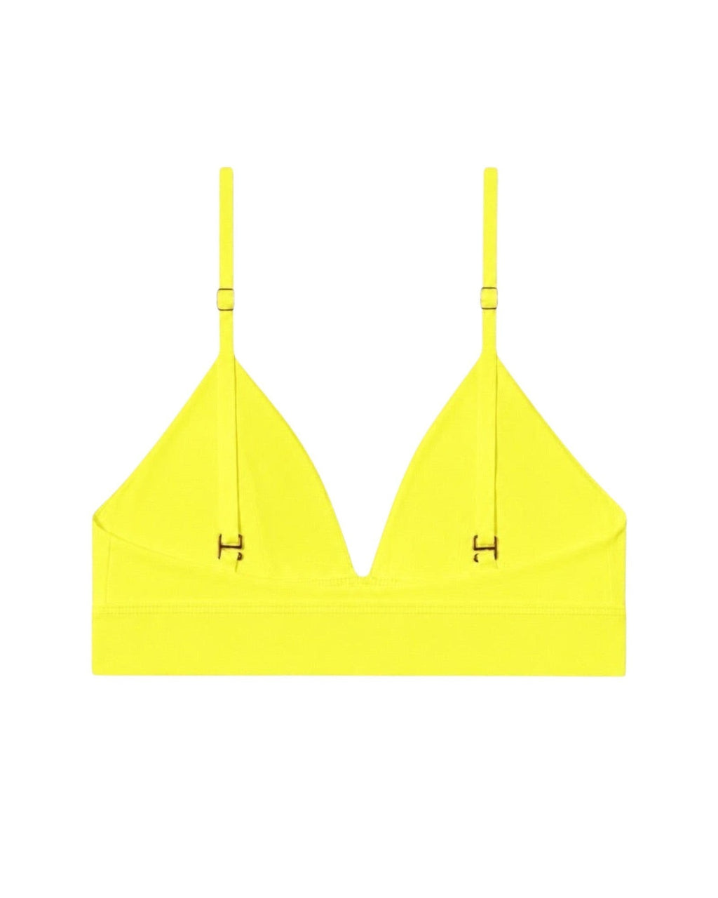 Phural bright yellow convertible bra-kini top with gold hardware, made from premium nylon-spandex performance fabric.