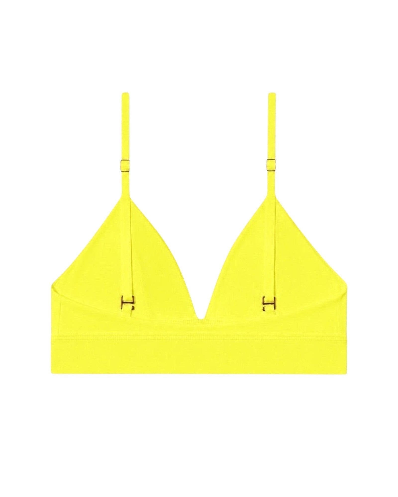 Phural bright yellow convertible bra-kini top with gold hardware, made from premium nylon-spandex performance fabric.