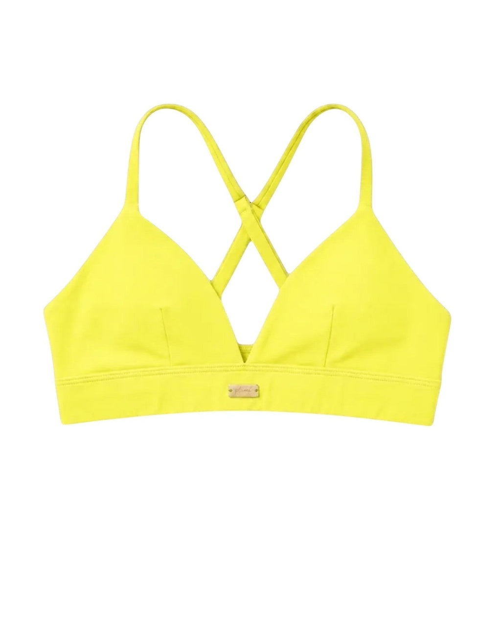 Bright yellow Cardio To Cabana Bra-kini, showing its V-neck front and narrow crossover straps.