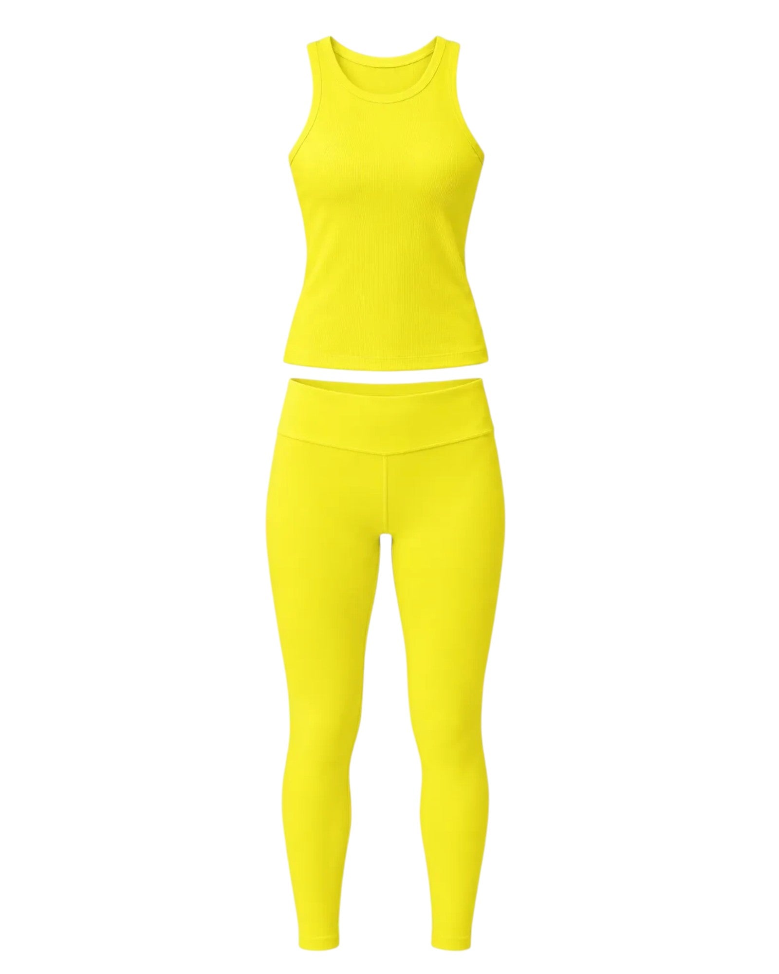 Phural bright yellow high-compression leggings and matching ribbed tank top set with a seamless minimalist design