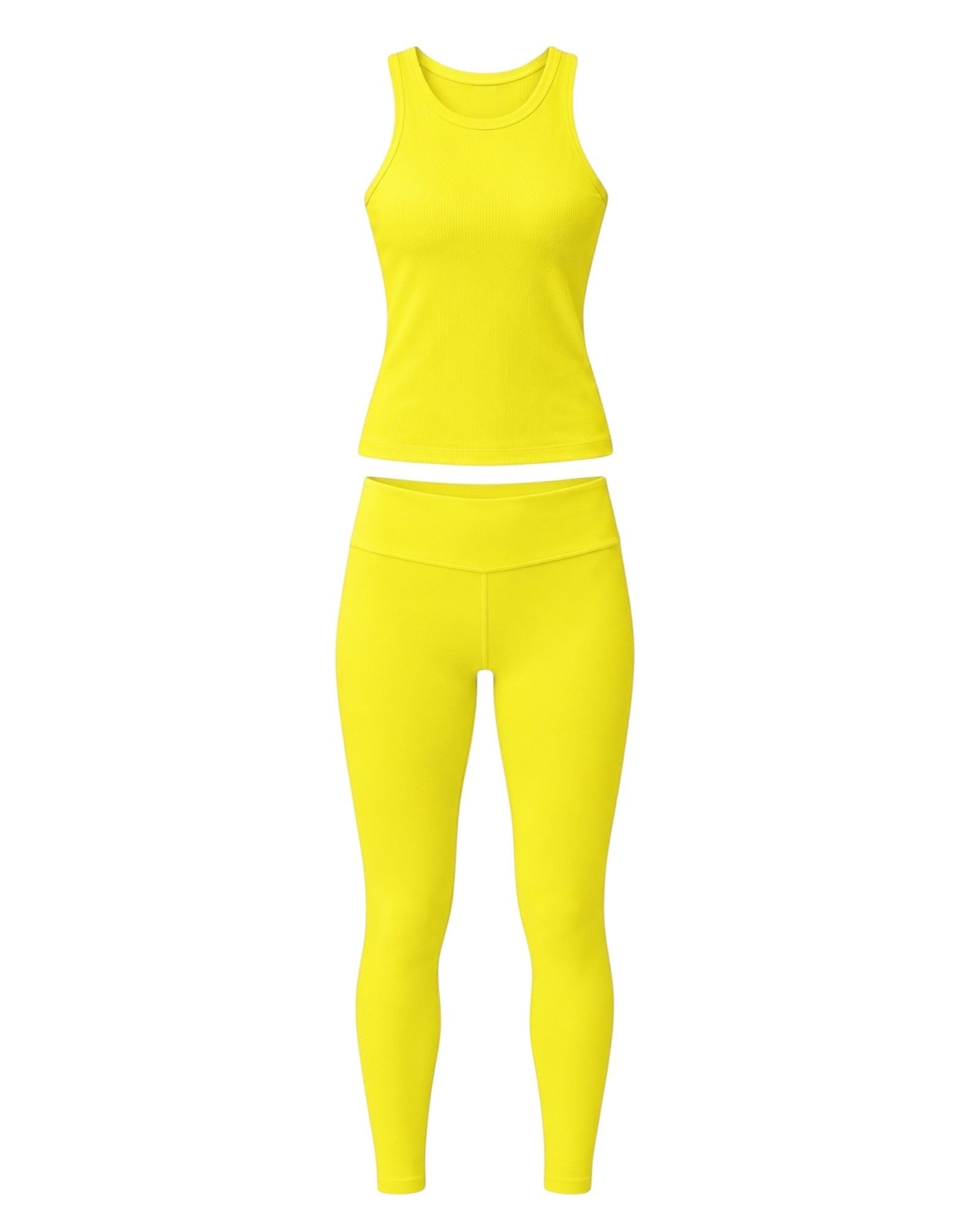 Phural bright yellow high-compression leggings with side pockets and matching ribbed tank top for performance wear.